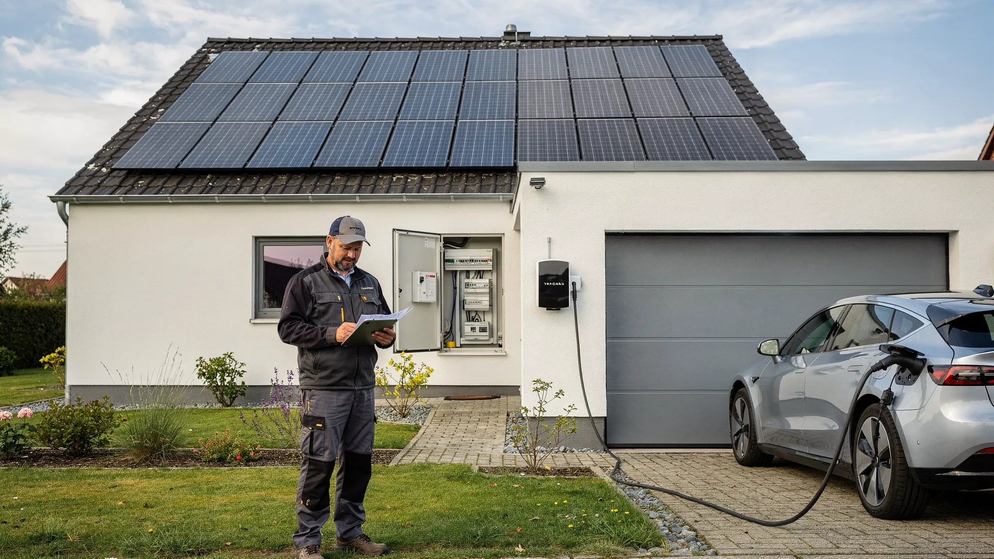 Ein Einfamilienhaus in Norddeutschland mit Photovoltaikmodulen auf dem Dach, daneben eine Garage mit Wallbox und ein Elektrofachmann, der Dachfläche, Zählerschrank und Energieverbrauch für die PV-Planung prüft.
