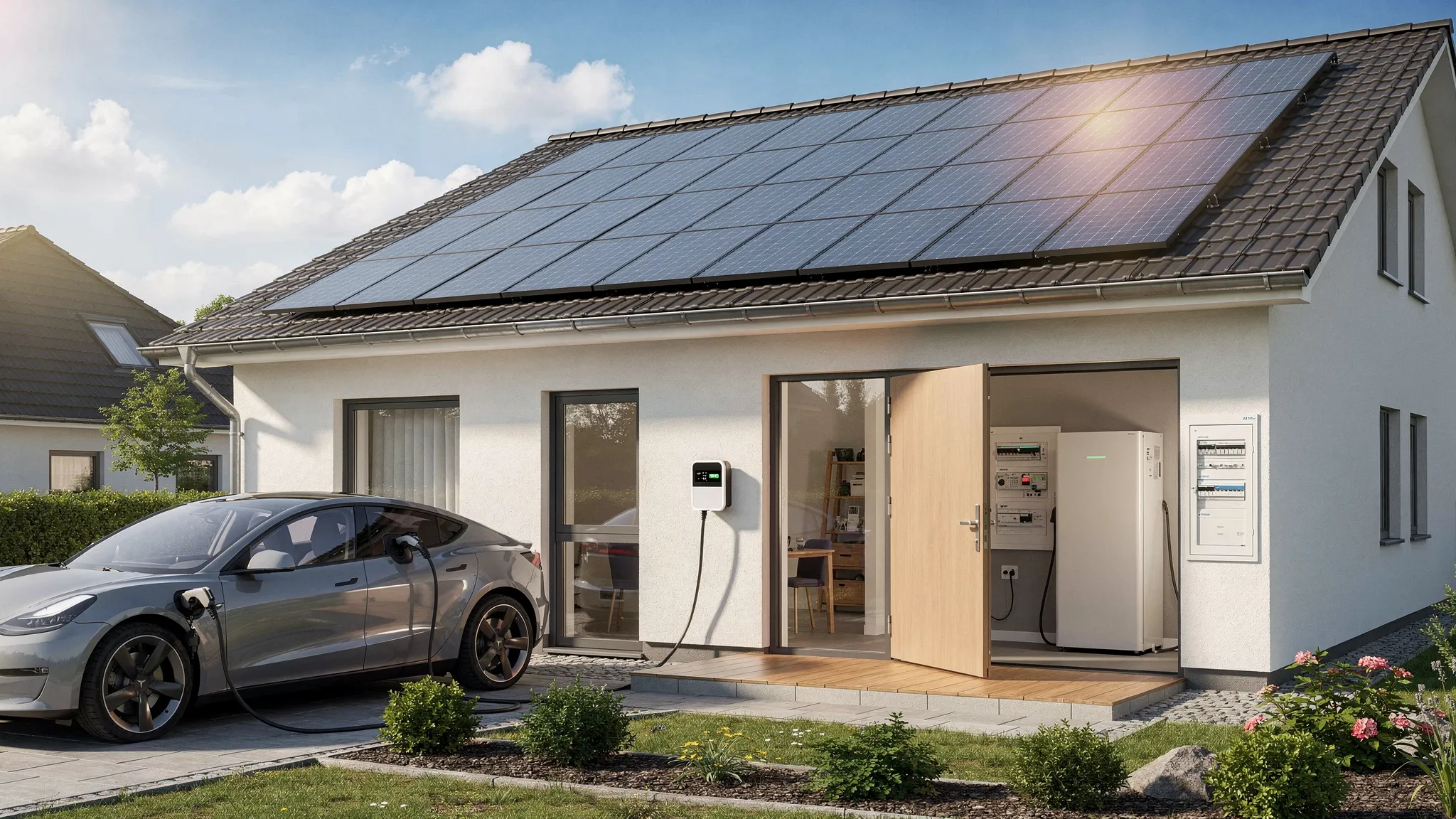 Ein Einfamilienhaus mit Photovoltaikmodulen auf einem geneigten Dach, daneben eine Wallbox in der Einfahrt und ein Batteriespeicher im Technikraum als Symbol für Eigenverbrauch und moderne Energieplanung