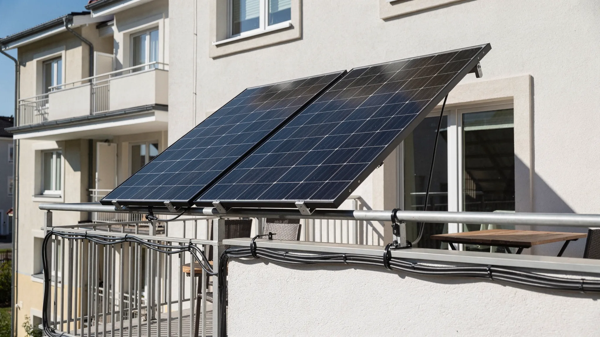 Zwei Solarmodule sind sicher an einem sonnigen Balkon befestigt, im Hintergrund ist ein Wohnhaus mit gepflegter Fassade zu sehen. Die Module sind leicht geneigt montiert, Kabel sind sauber geführt und der Balkon bleibt gut nutzbar.