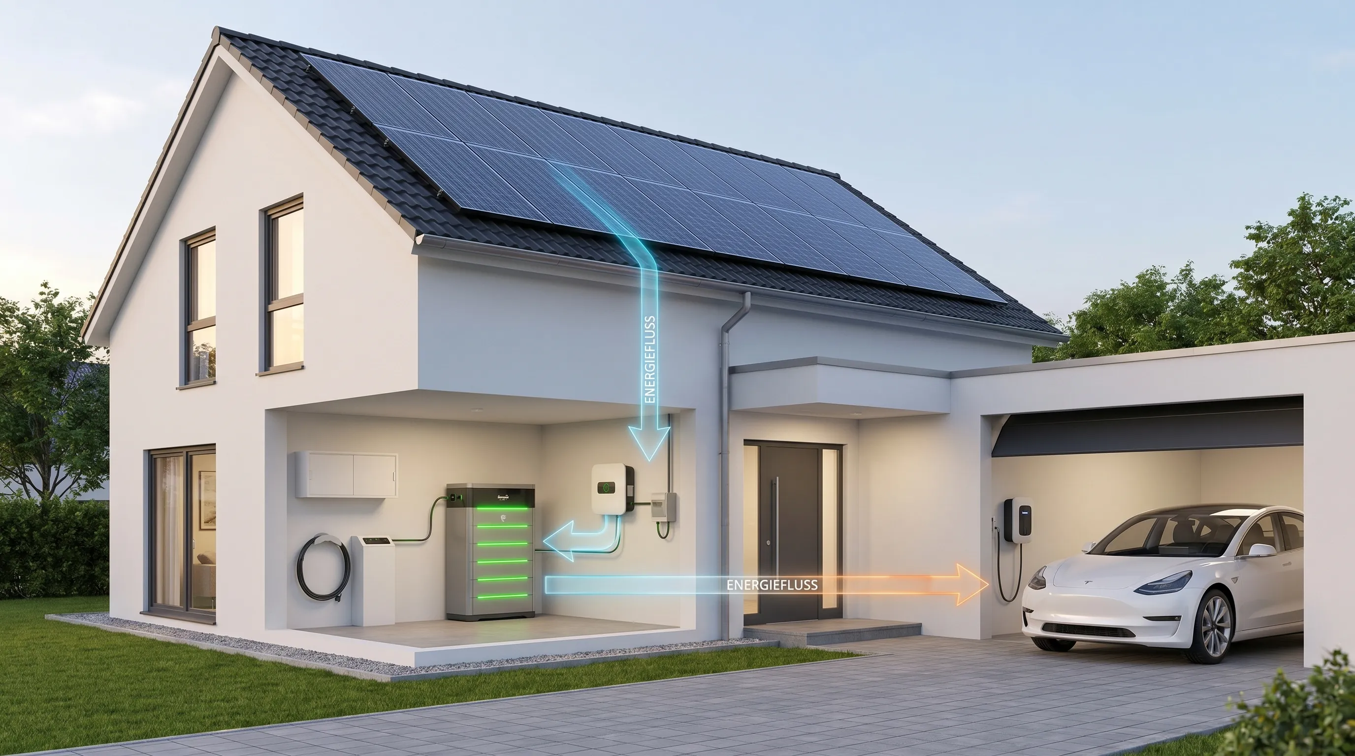 Ein Einfamilienhaus mit Photovoltaikmodulen auf dem Dach, einem Batteriespeicher im Hauswirtschaftsraum, einer Wallbox in der Garage und klar erkennbaren Energieflüssen zwischen Dach, Speicher, Haushalt und E-Auto.