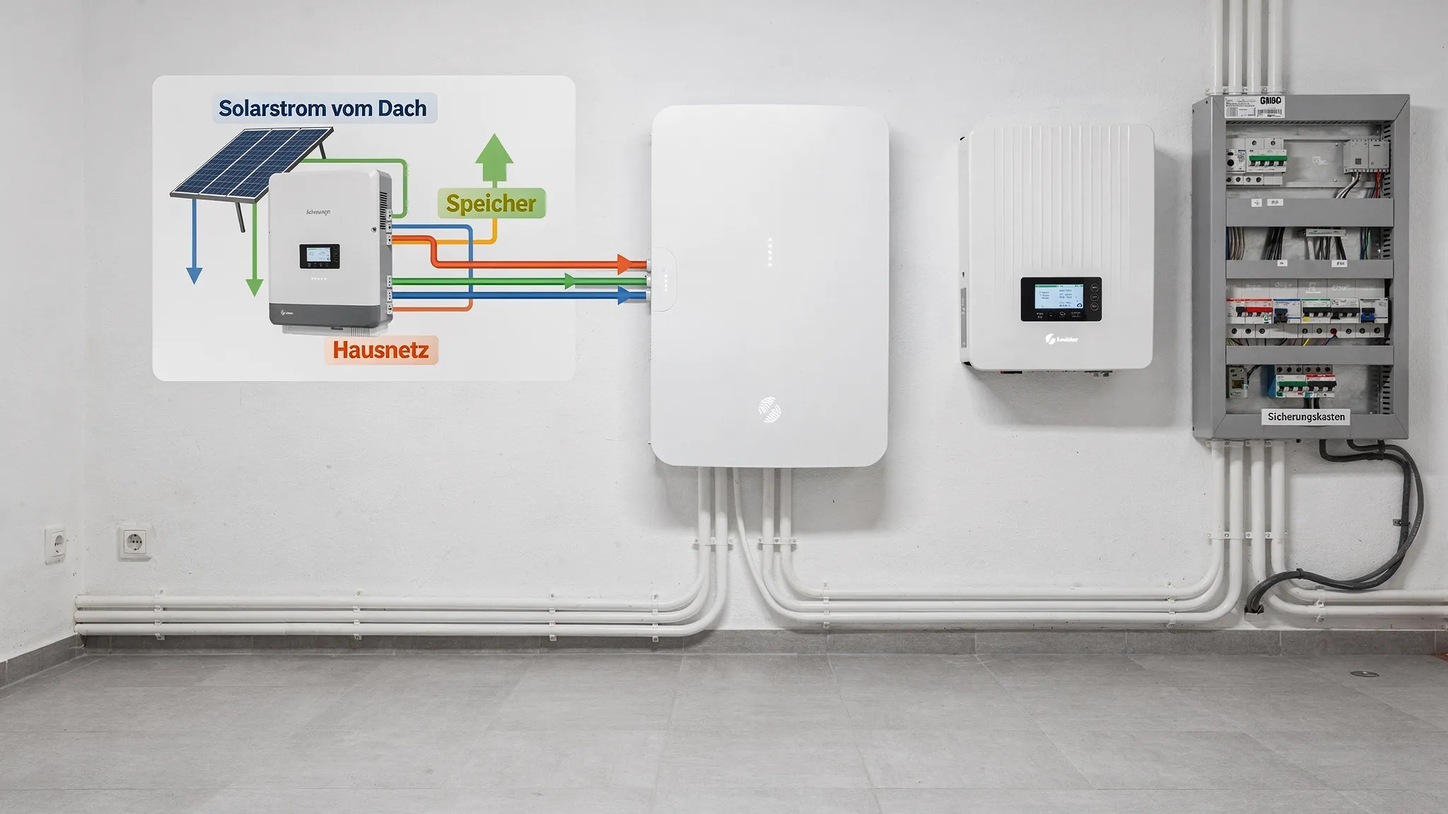 Ein moderner Batteriespeicher neben einem Wechselrichter in einem sauberen Hauswirtschaftsraum, daneben ein Sicherungskasten und eine schematische Darstellung von Solarstrom vom Dach zum Speicher und ins Hausnetz.