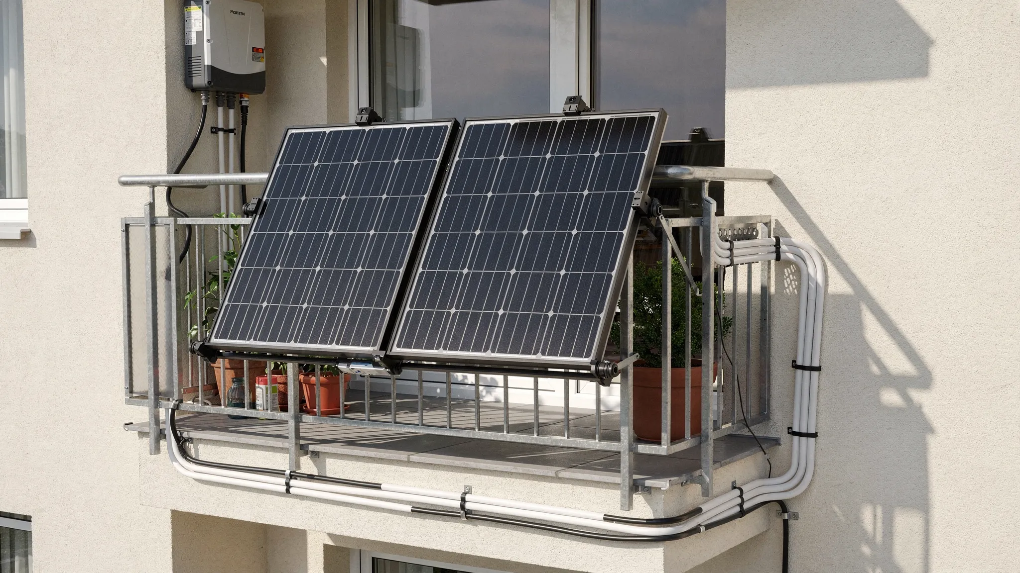 Ein sicher montiertes Balkonkraftwerk mit zwei Solarmodulen an einem stabilen Balkongeländer, ordentlich geführten Außenkabeln und einem kleinen Wechselrichter an geschützter Stelle.
