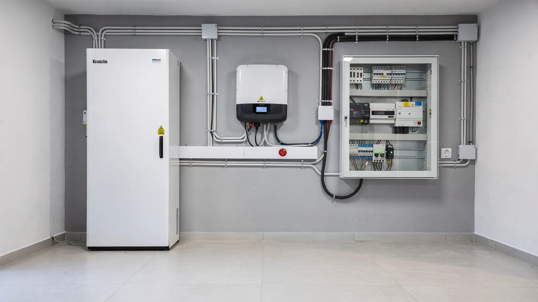 Ein moderner Batteriespeicher steht neben Wechselrichter und Zählerschrank in einem sauberen Technikraum eines Einfamilienhauses, mit beschrifteten Leitungen und gut zugänglichem Wartungsbereich.