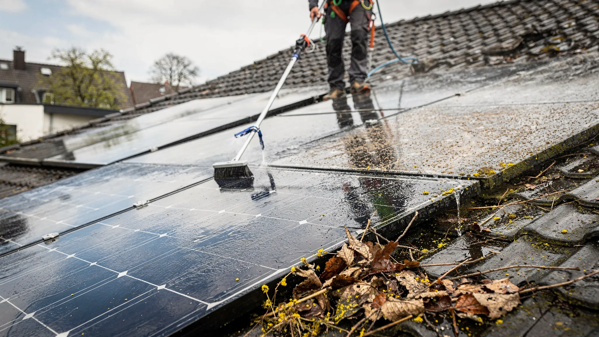 Eine Photovoltaikanlage auf einem geneigten Hausdach wird aus sicherer Entfernung mit einer weichen Bürste und entmineralisiertem Wasser gereinigt. Im Vordergrund sind saubere und leicht verschmutzte Solarmodule zu sehen, daneben Laub und Pollenreste am unteren Modulrand.