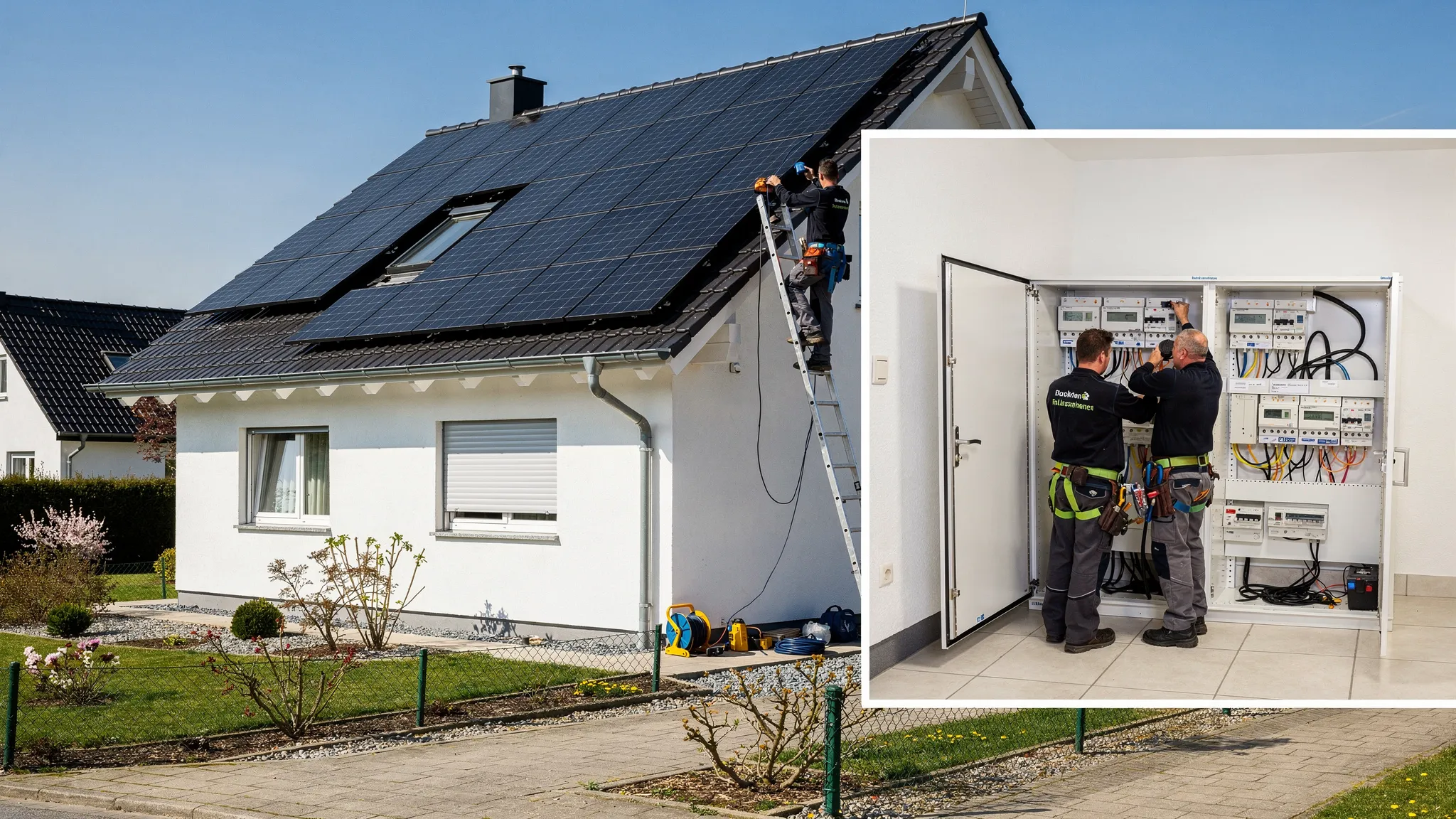 Ein Einfamilienhaus mit Photovoltaikmodulen auf einem geneigten Dach, daneben ein Elektrofachbetrieb bei der fachgerechten Montage und ein geöffneter Zählerschrank im Hauswirtschaftsraum.