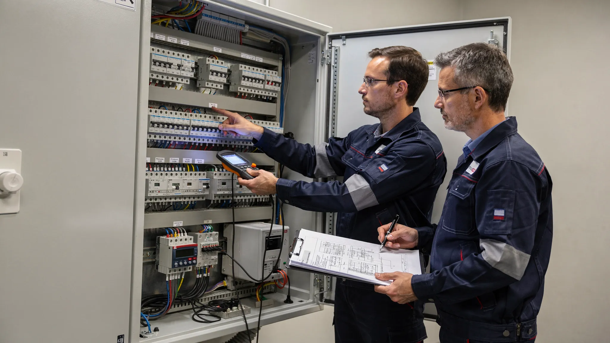 Eine Elektrofachkraft und ein technischer Planer prüfen gemeinsam einen geöffneten Zählerschrank mit Schutzschaltern, Messgerät und technischen Unterlagen.