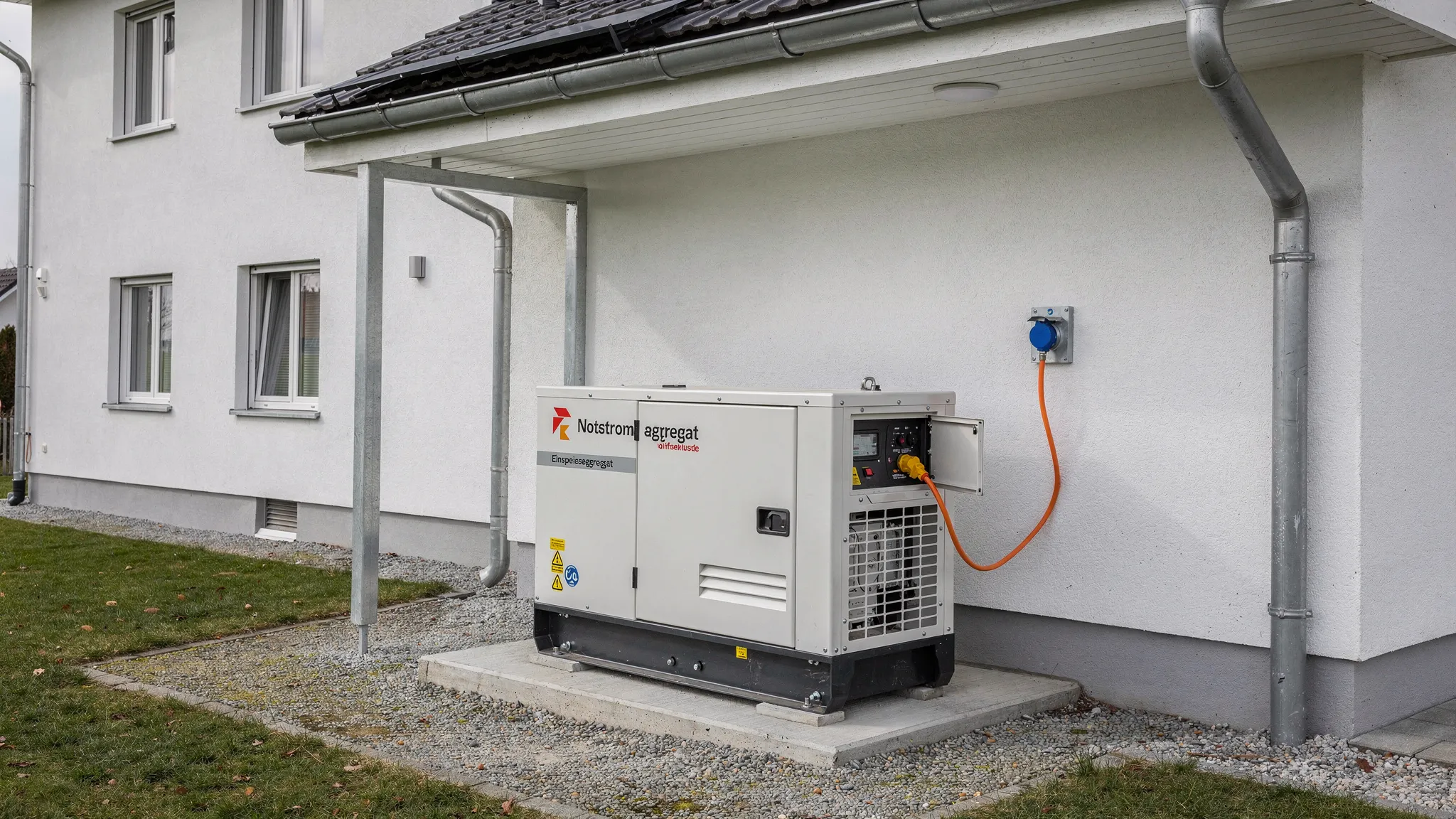 Ein fachgerecht aufgestelltes Notstromaggregat im Außenbereich neben einem Wohnhaus, mit wettergeschütztem Standort, ausreichendem Abstand zur Fassade und einer fest installierten Einspeisesteckdose an der Hauswand.