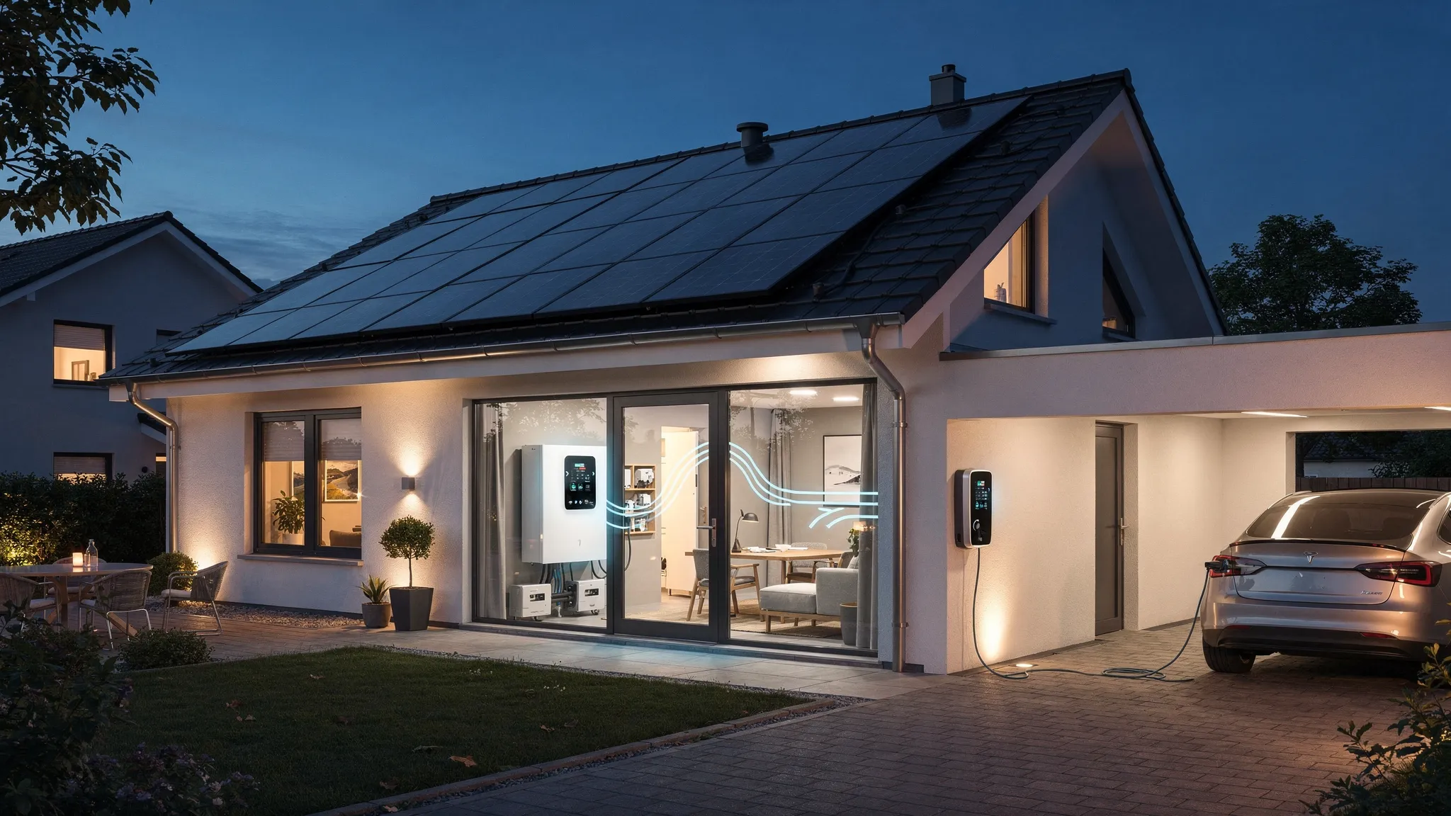Ein Einfamilienhaus mit Photovoltaikanlage auf dem Dach, Batteriespeicher im Technikraum und Wallbox in der Garage, dargestellt in einer typischen Abend-Situation mit eingeschalteter Beleuchtung und sichtbarem Energiefluss vom Speicher ins Haus.