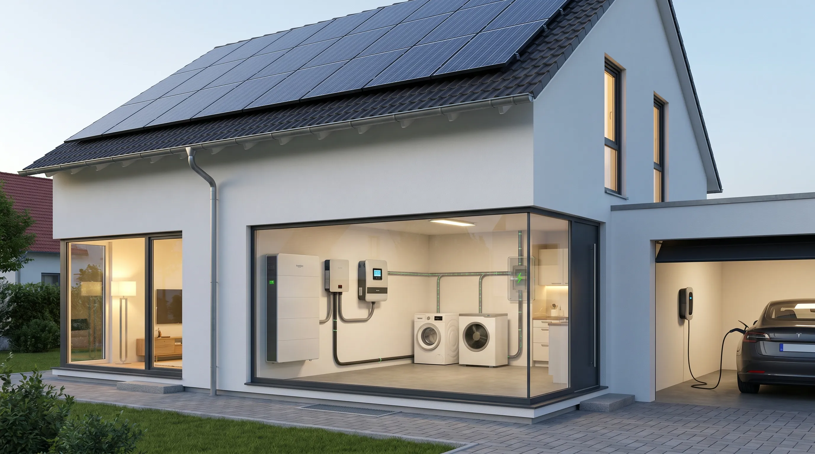 Ein Einfamilienhaus mit Photovoltaikmodulen auf dem Dach, Batteriespeicher im Hauswirtschaftsraum, Wallbox in der Garage und sichtbarer Verbindung zu typischen Haushaltsverbrauchern wie Waschmaschine, Wärmepumpe und Beleuchtung.