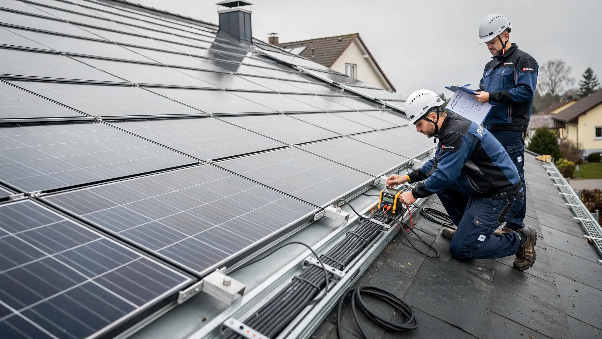 Ein Dach mit mehreren Reihen moderner Solarmodule, daneben prüft ein Elektrofachbetrieb die Moduloberfläche und die Kabelführung vor der Montage.