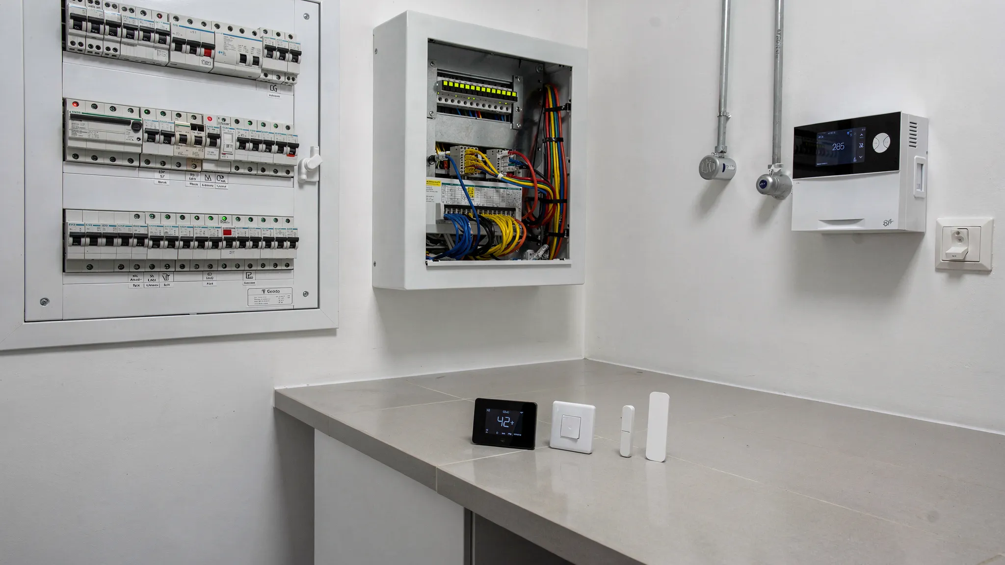 Ein moderner Hauswirtschaftsraum mit Elektroverteilung, smarten Schaltaktoren, Netzwerktechnik, Heizungssteuerung und einer kleinen Übersicht von Smart-Home-Komponenten wie Thermostat, Lichtschalter und Fensterkontakt.