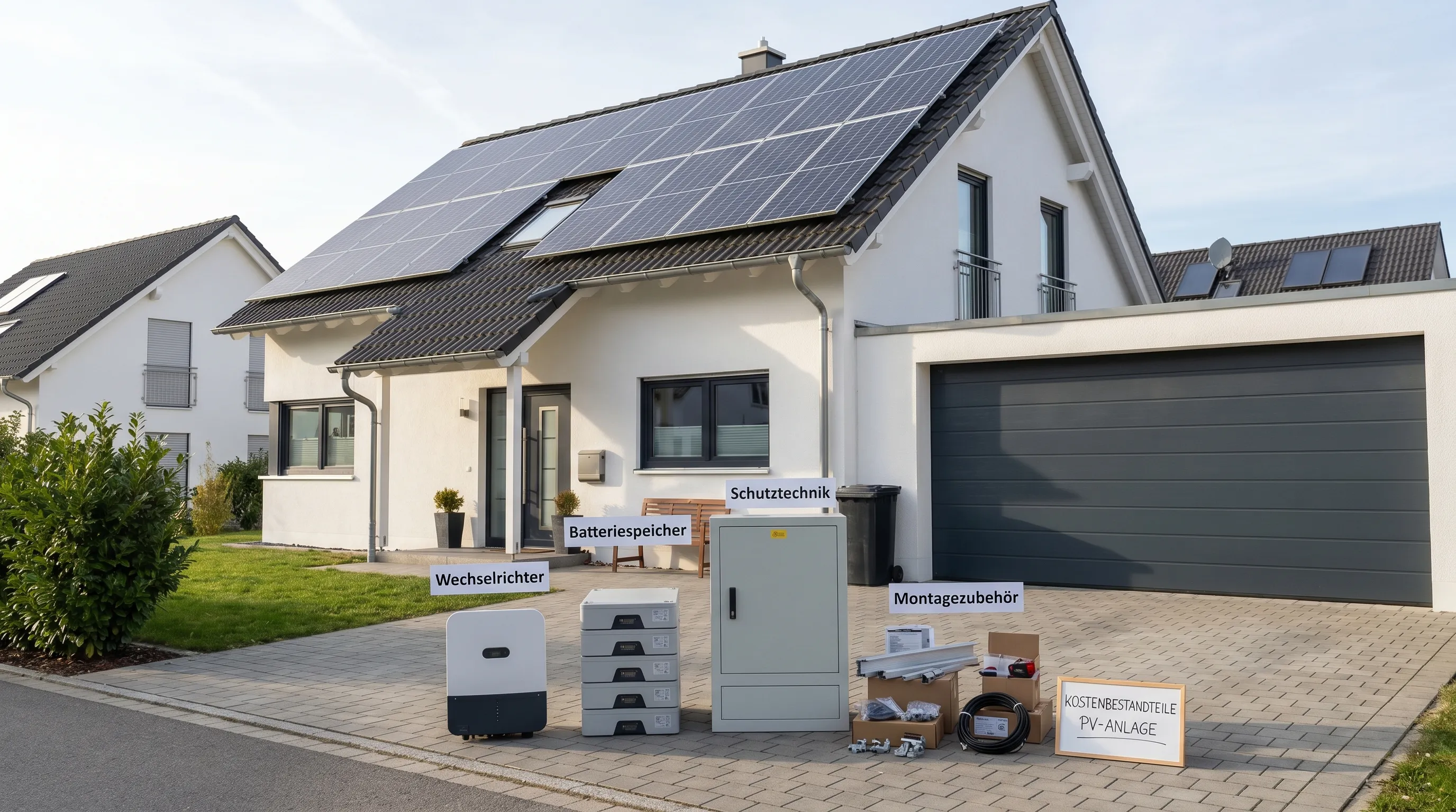 Ein Einfamilienhaus mit installierter Photovoltaikanlage, davor übersichtlich angeordnete Komponenten wie Wechselrichter, Batteriespeicher, Schutztechnik und Montagezubehör zur Veranschaulichung der Kostenbestandteile.