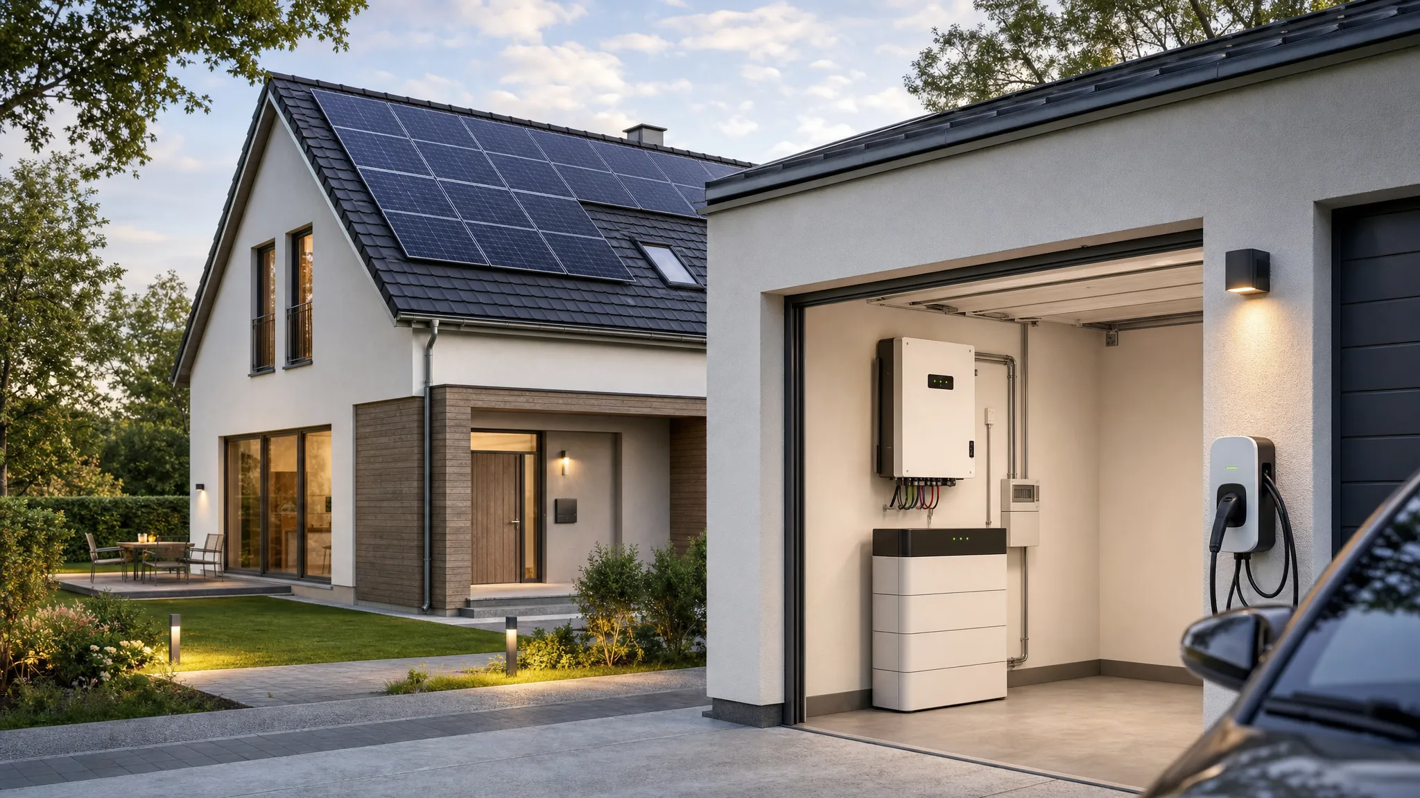 Ein Einfamilienhaus mit Photovoltaikanlage auf dem Satteldach, im Vordergrund ein offener Technikraum mit Wechselrichter und Batteriespeicher, daneben eine Wallbox an der Garage.