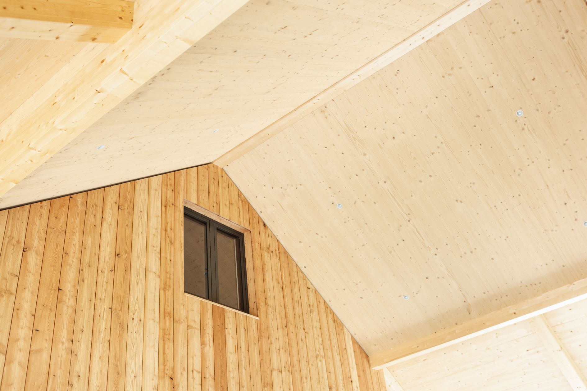 Detailaufnahme der sichtbaren Brettsperrholzdecke im Innenbereich des Strandbads Felden.