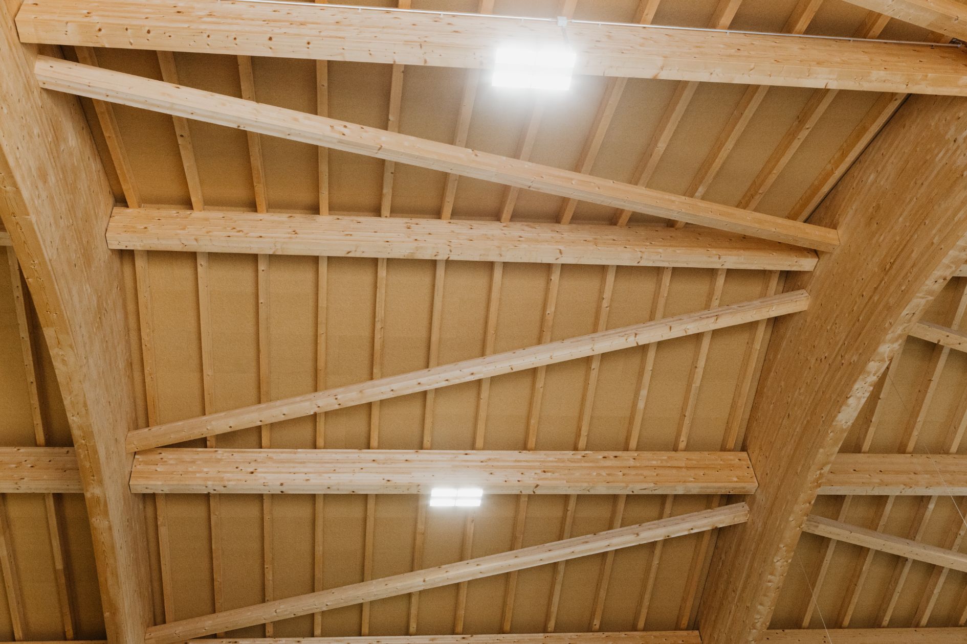 Holztragwerk mit diagonalen Verstrebungen in der Hallendecke.