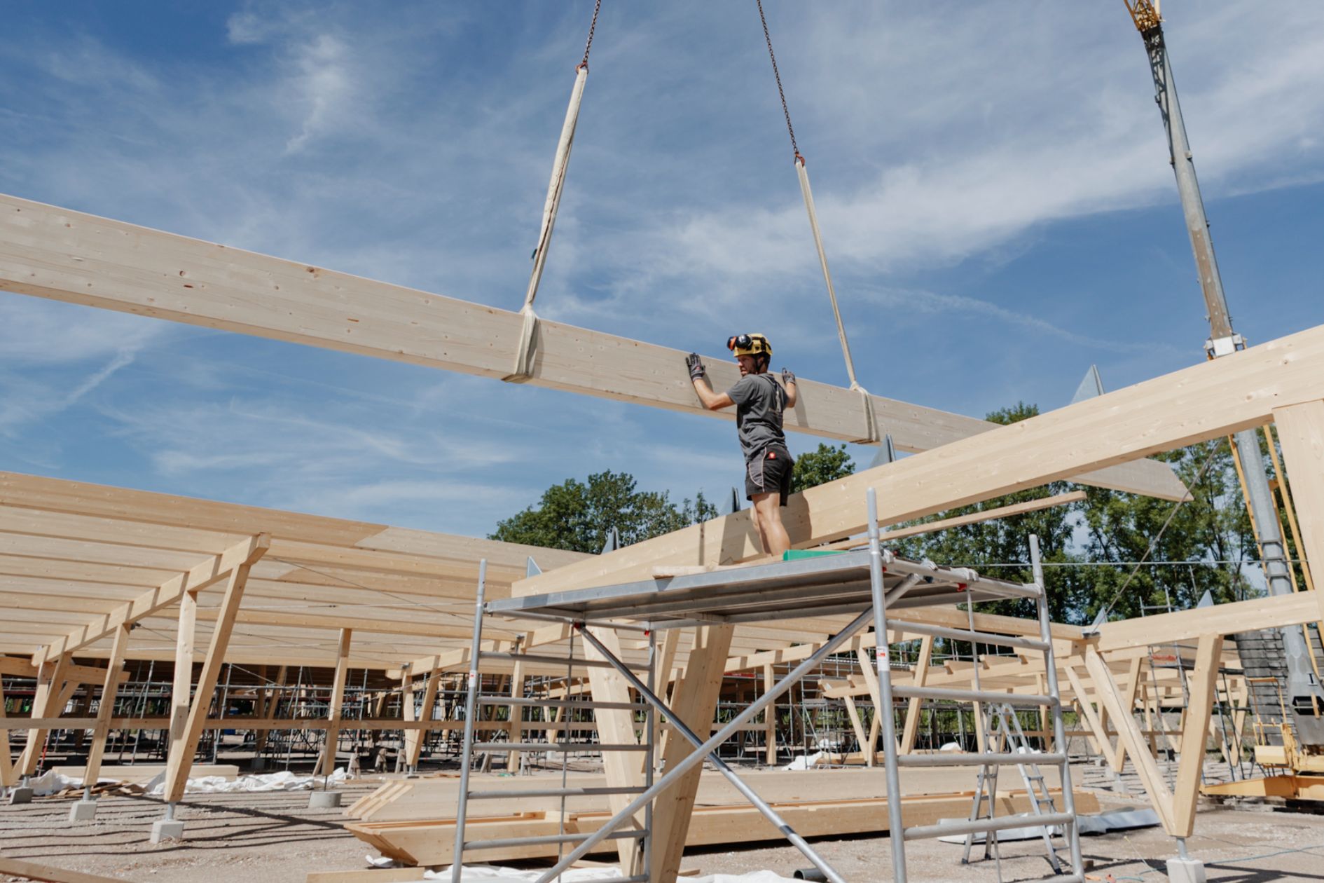 Handwerker montiert Holzbalken auf Gerüst.
