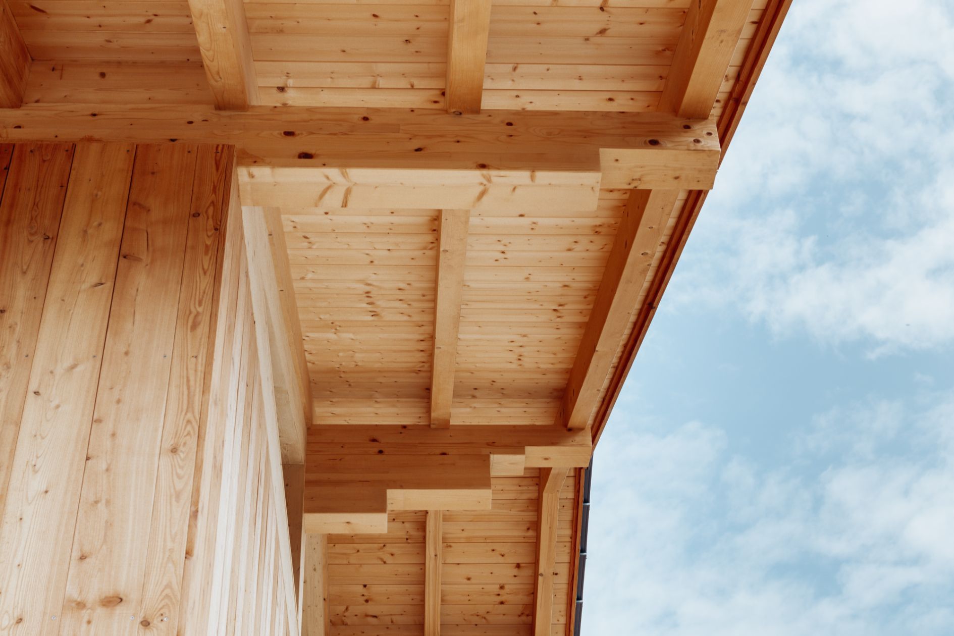 Nahaufnahme der Unterseite eines sichtbaren Holz-Dachstuhls mit Lärchenverschalung vor blauem Himmel.