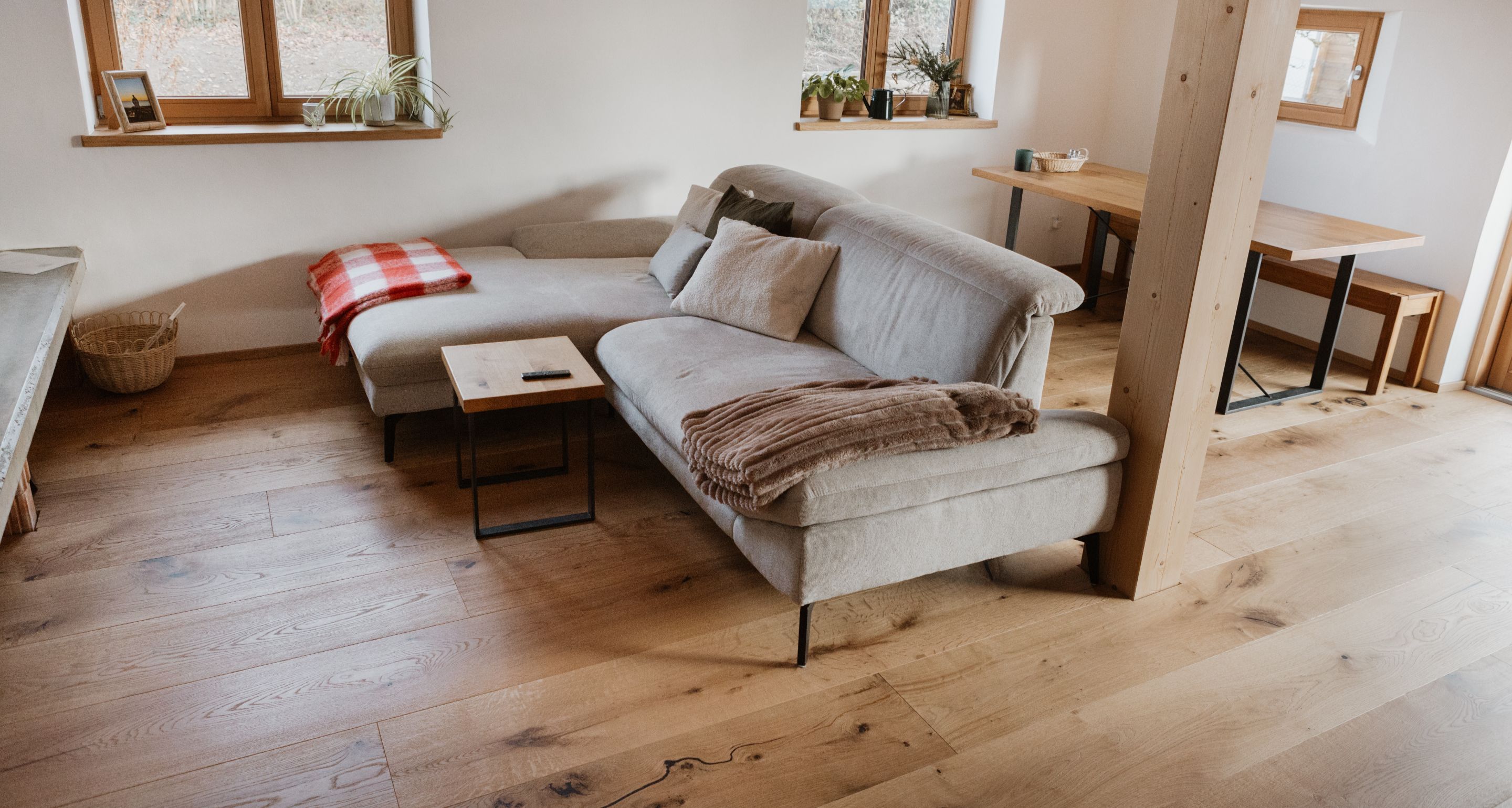 Wohnzimmer mit Eichen-Landhausdielen und Sofa