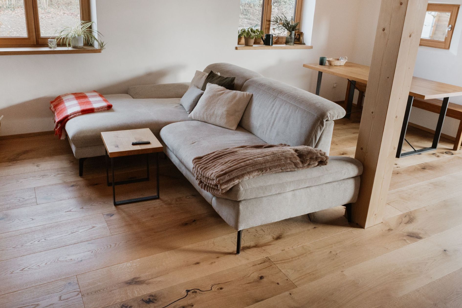 Wohnzimmer mit Eichen-Landhausdielen und Sofa