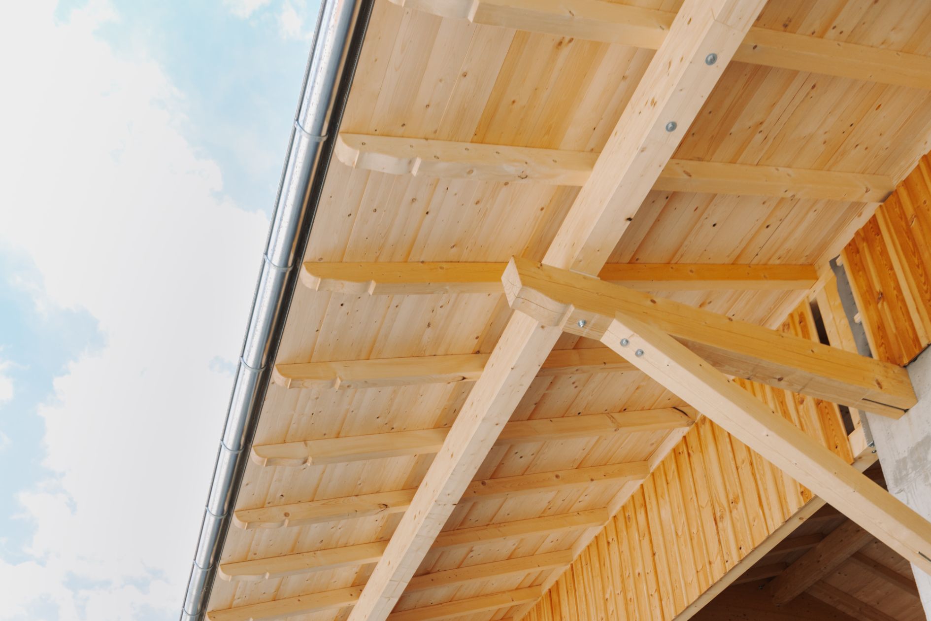 Holzdachkonstruktion mit sichtbarer Verschalung und Regenrinne.