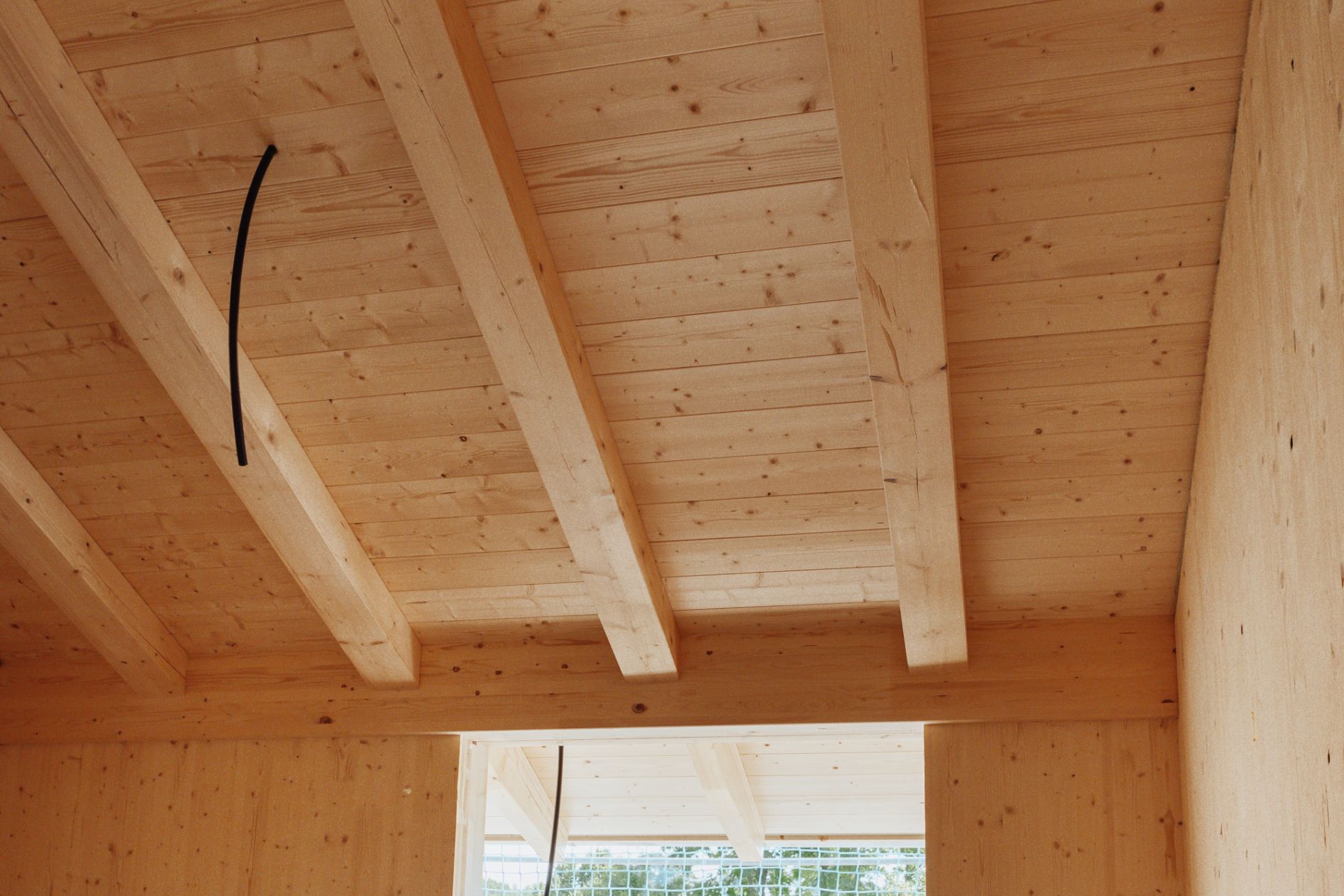 Innenansicht einer Holzdecke mit sichtbaren Balken aus Brettschichtholz