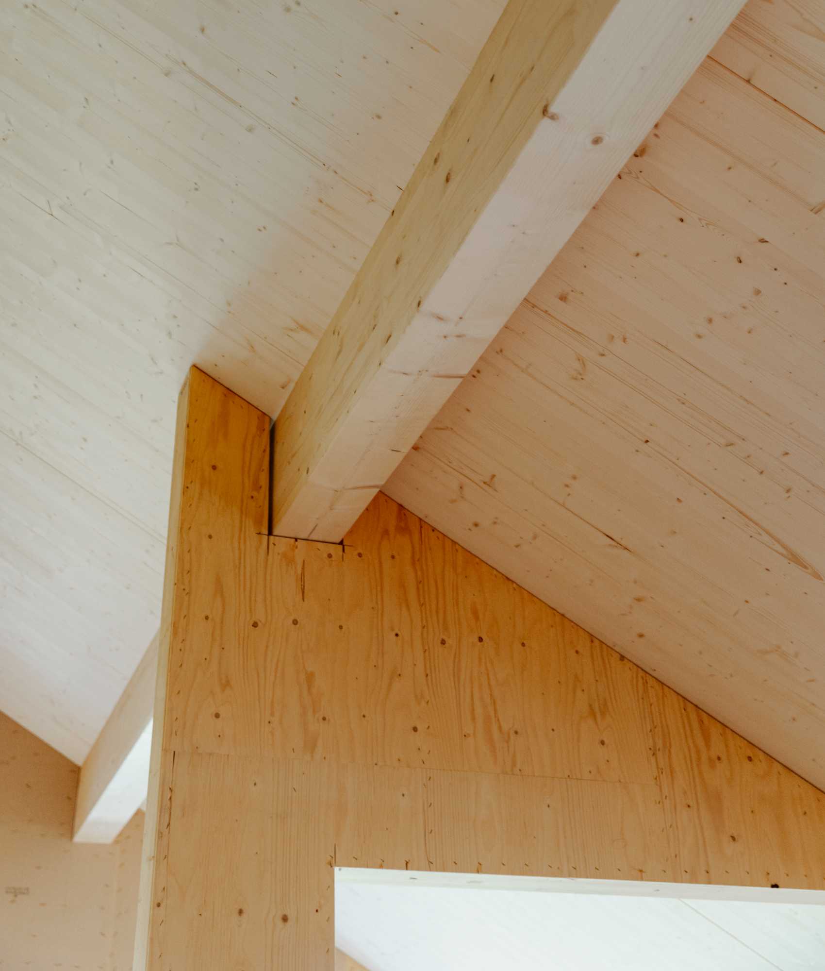 Detailaufnahme einer Holzkonstruktion im Innenraum mit sichtbarem Dachbalken und schräger Holzdecke.