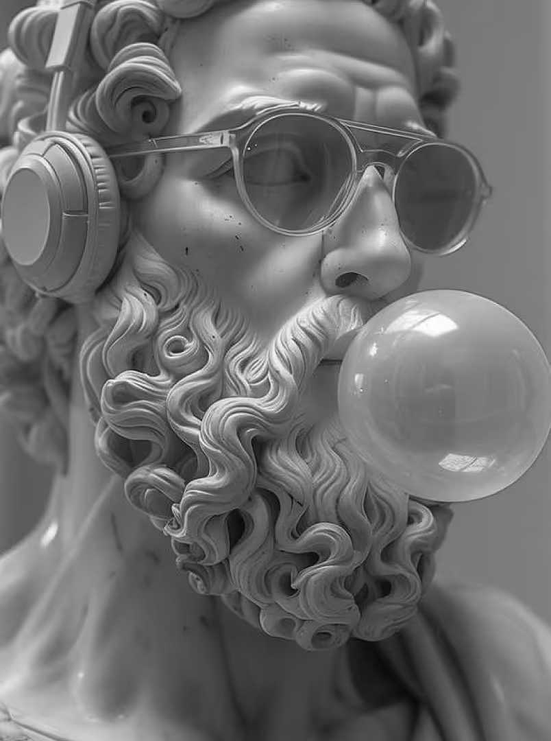 Statue s if alive in modern tone with headphones, bubblegum and vision-glasses.