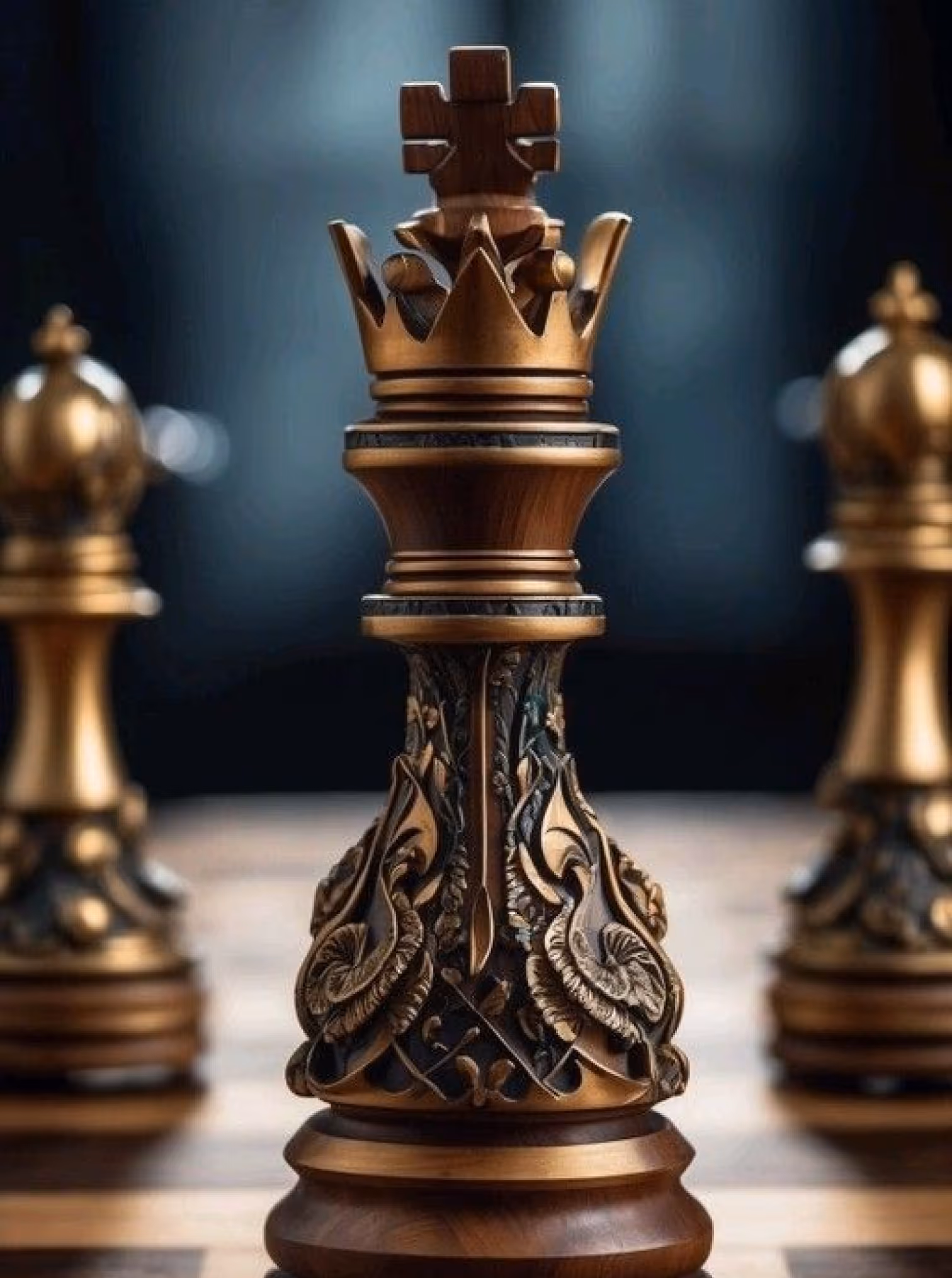 Chess king figure of gold metal carved wit ornaments.