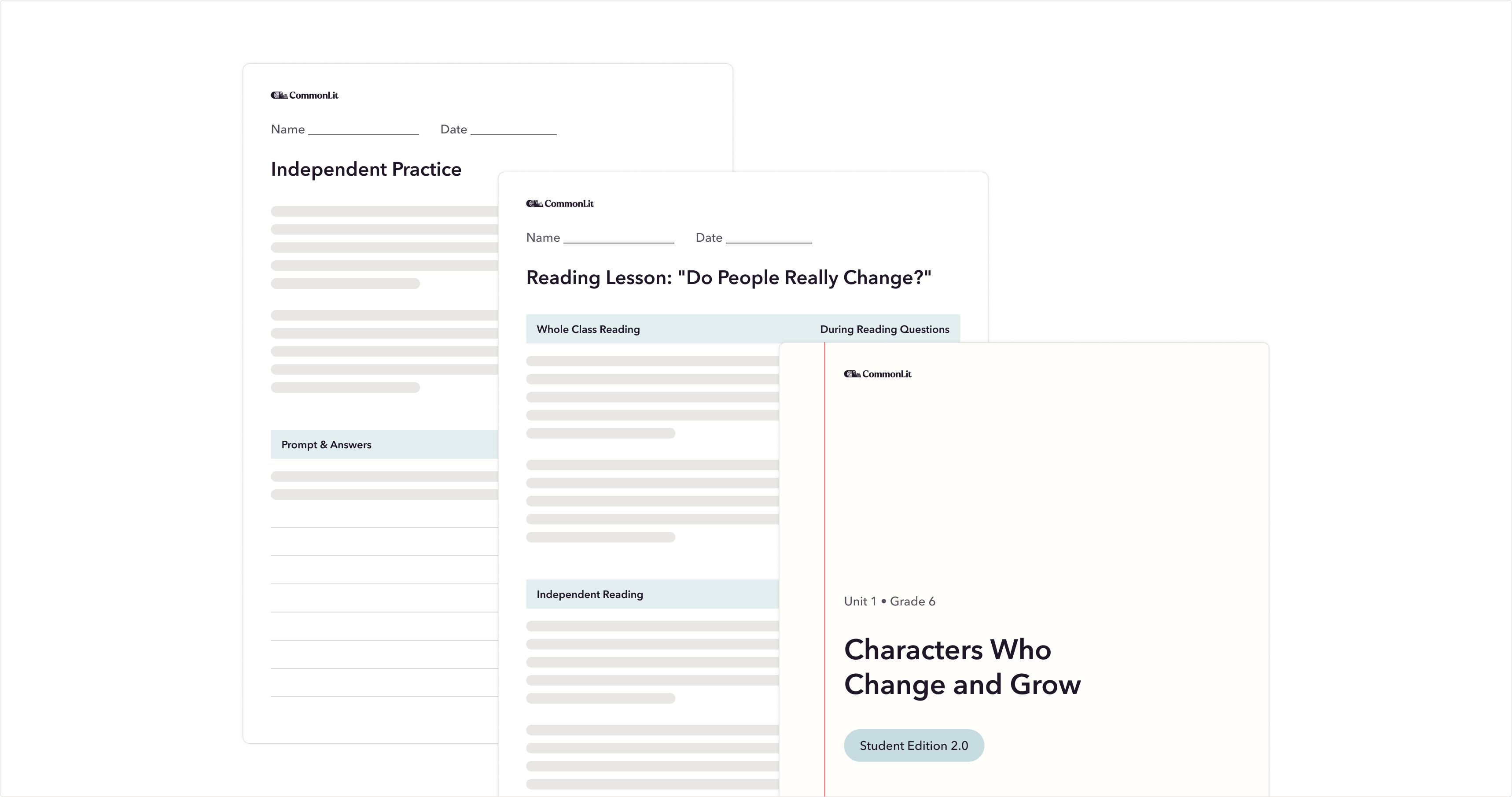 Illustration featuring three printed pages of a CommonLit 360 Workbook.
