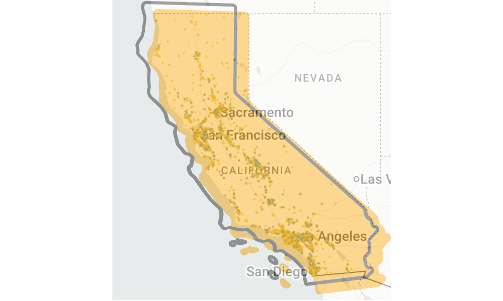Map of California with highlighted area and marked locations dense around major cities including Sacramento, San Francisco, Los Angeles, and San Diego.