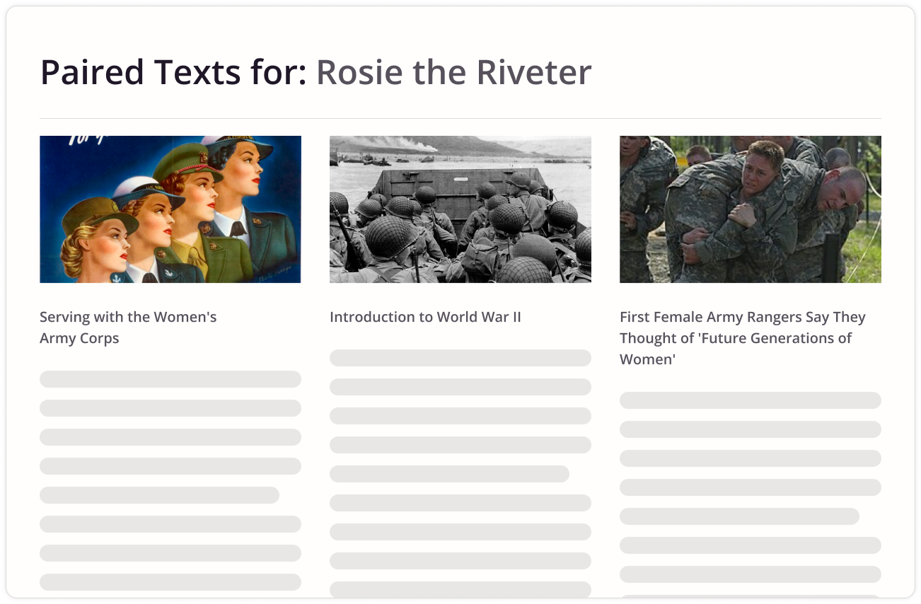 Three paired texts about Rosie the Riveter with images: women in military uniforms, soldiers boarding a landing craft in World War II, and two soldiers training with one carrying the other.
