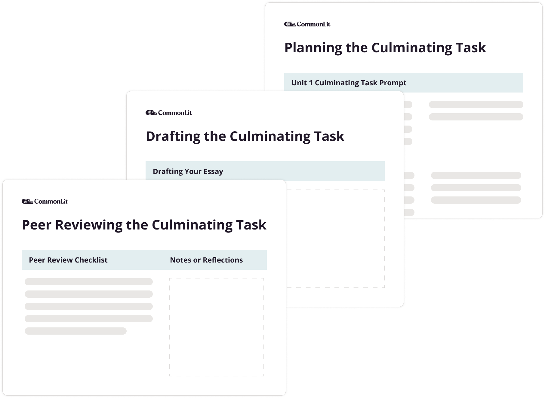 Three CommonLit slides titled Planning, Drafting, and Peer Reviewing the Culminating Task with checklists and notes sections.