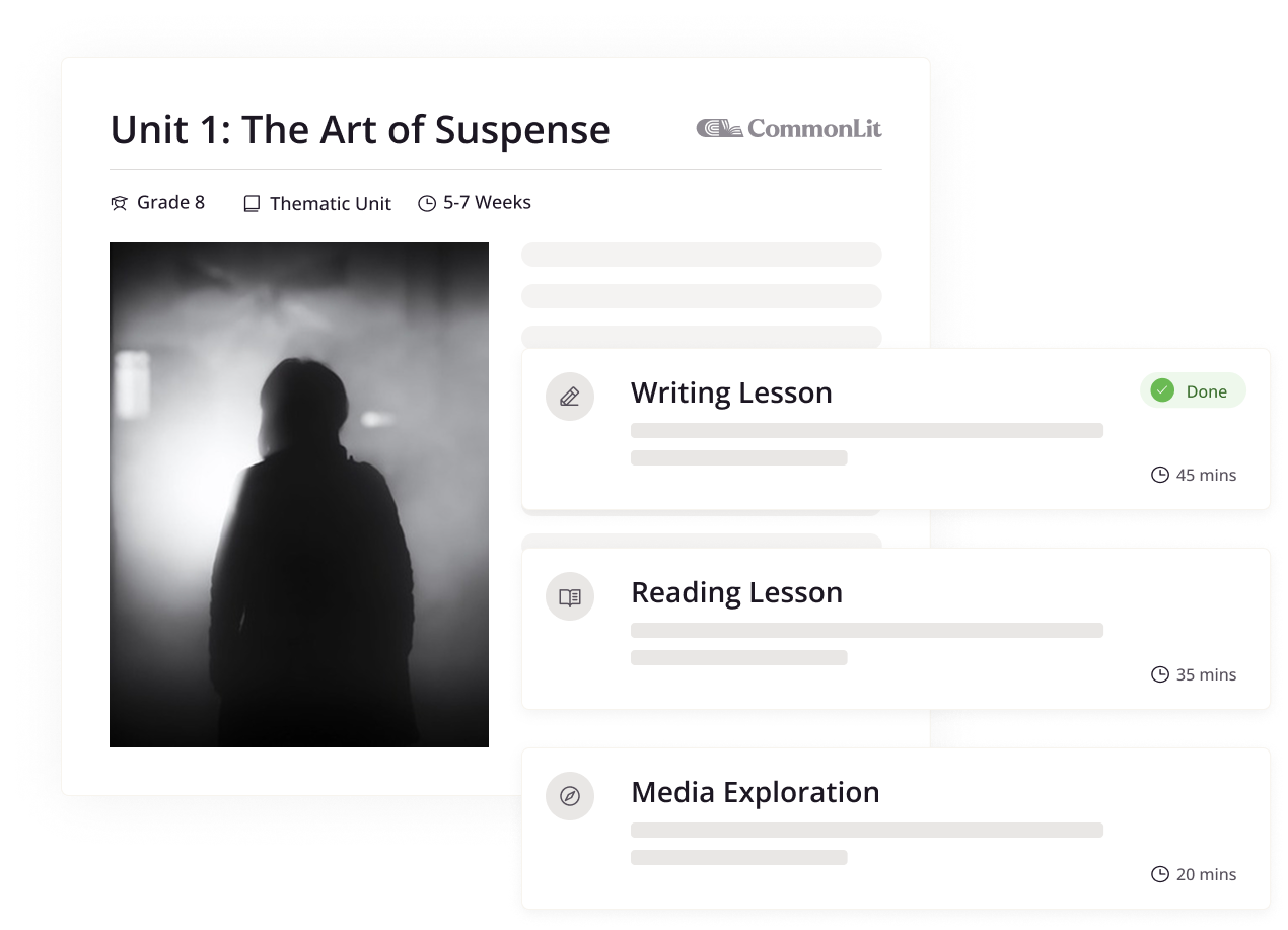 Unit 1 The Art of Suspense for Grade 8 with lessons on writing, reading, and media exploration times.