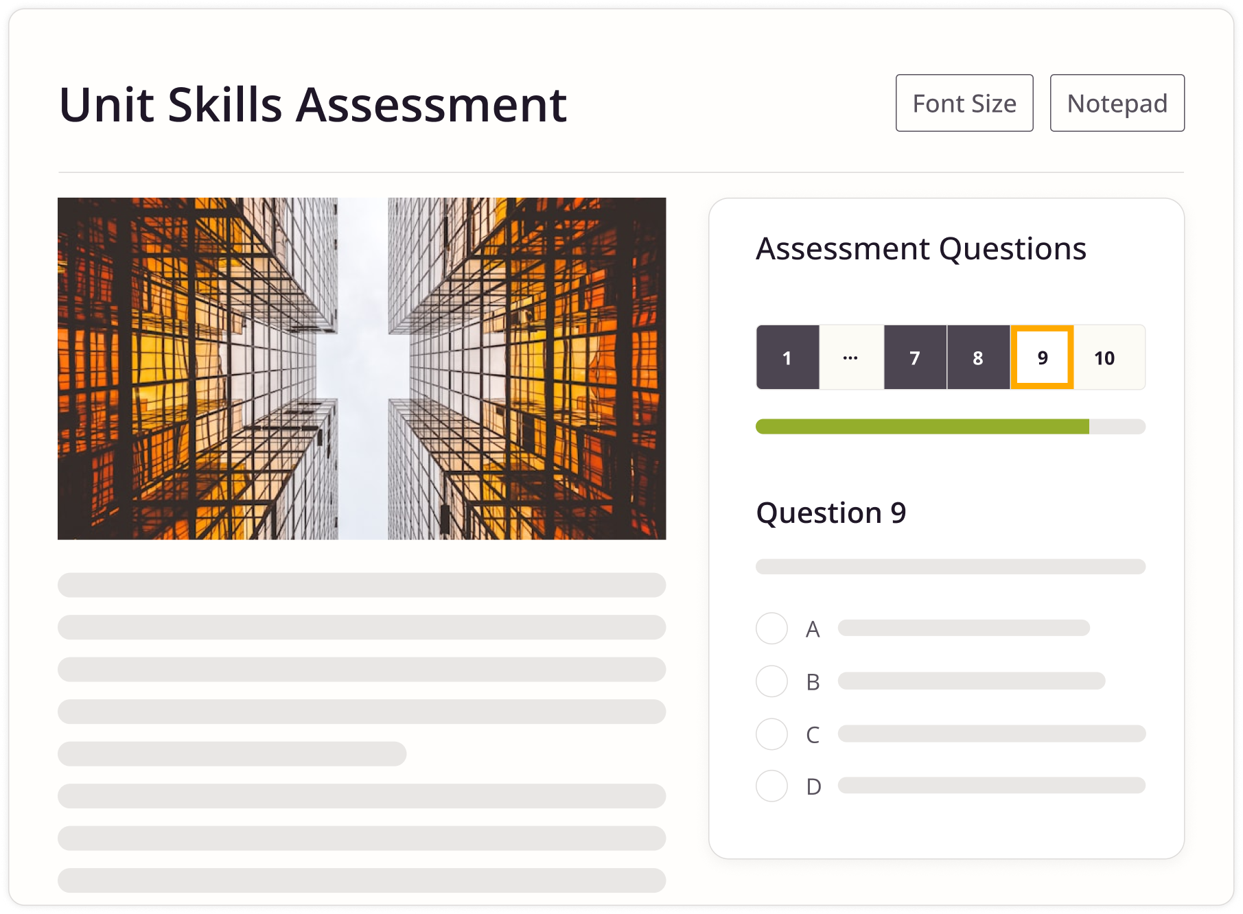 Unit Skills Assessment interface showing a skyscraper photo and multiple-choice question 9 of 10.