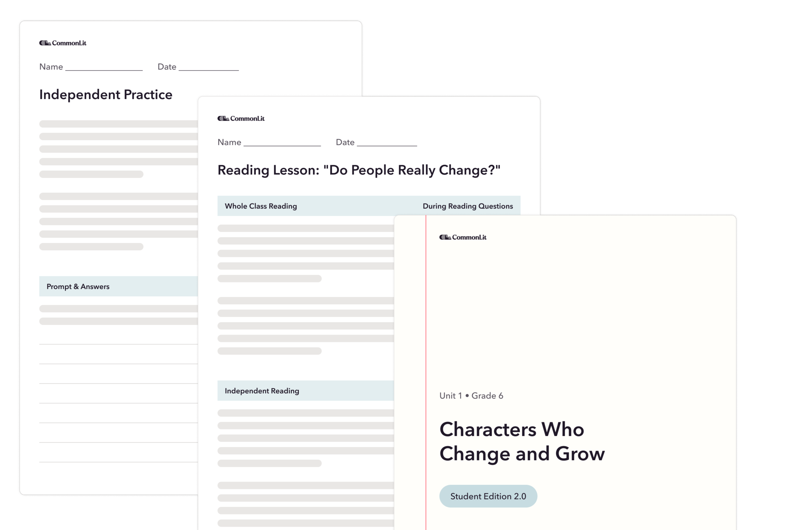 Three CommonLit workbook pages titled Characters Who Change and Grow, Reading Lesson, and Independent Practice.