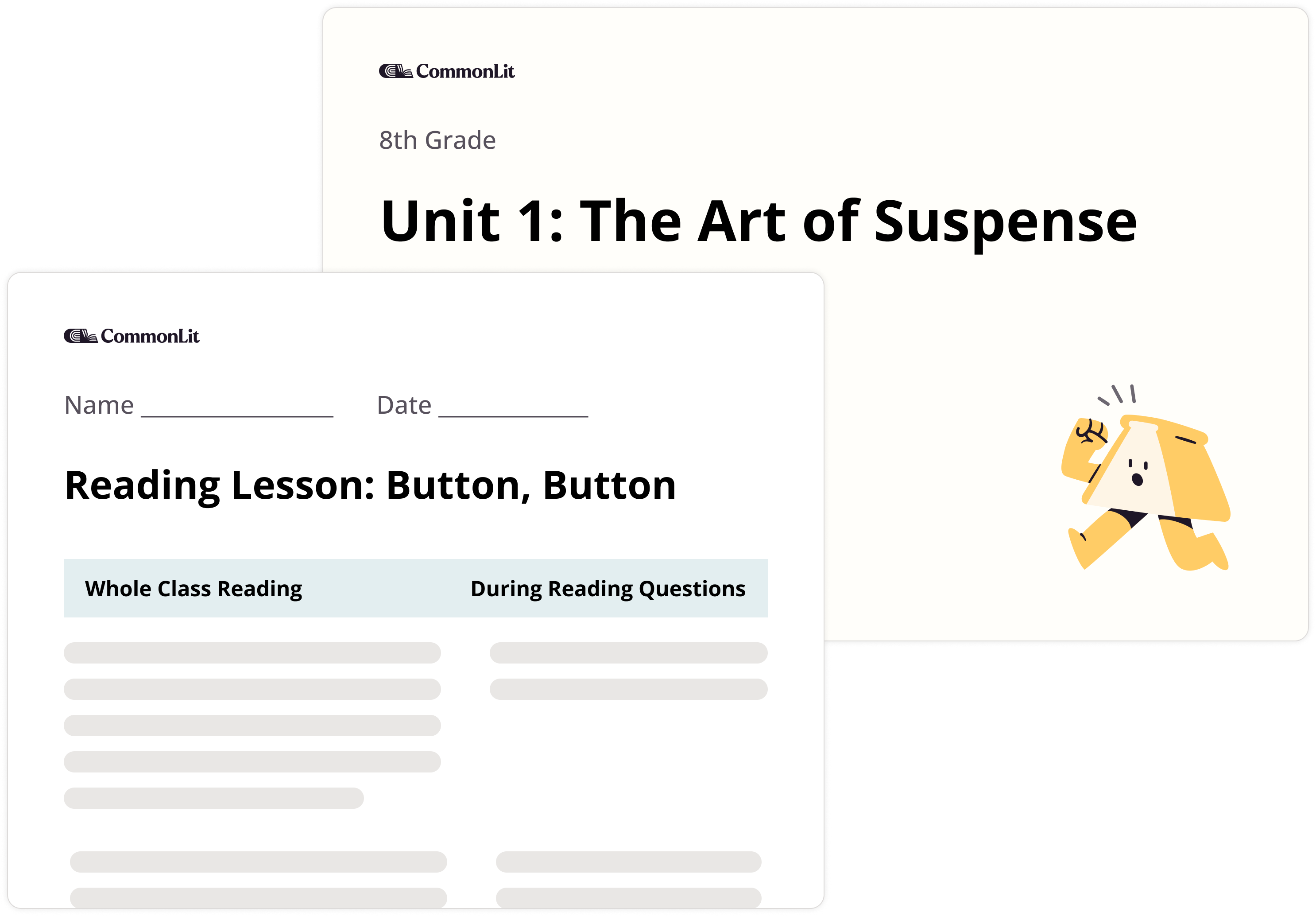 CommonLit 8th grade unit on suspense with reading lesson titled Button, Button and blank answer lines.