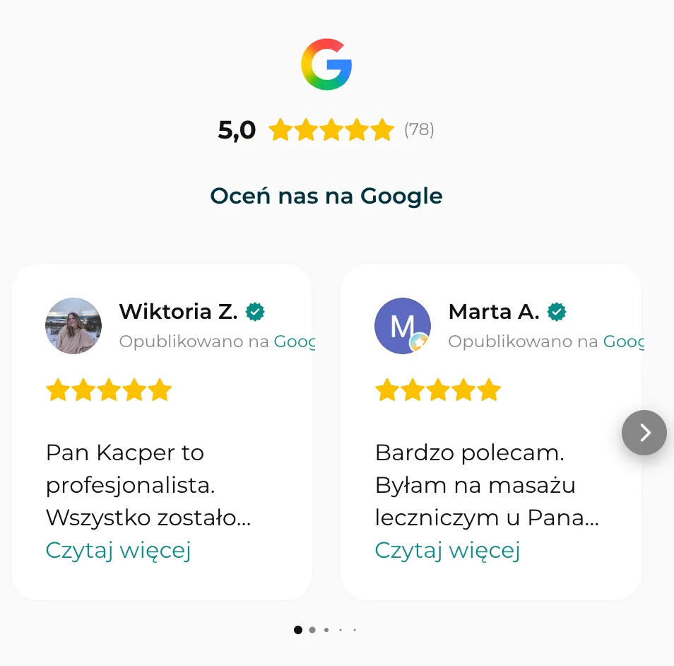 Ocena 5,0 z 78 opinii na Google, dwa pozytywne komentarze klientów o masażu leczniczym.