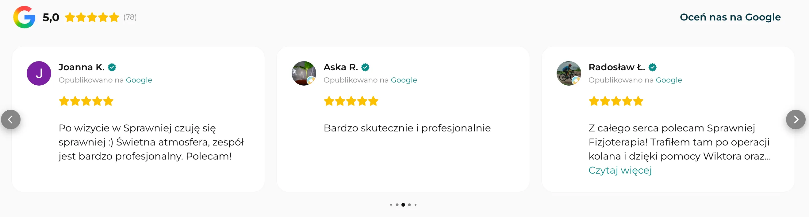 Ocena 5 gwiazdek z 78 recenzji Google dla Sprawnej Fizjoterapii z pozytywnymi opiniami klientów.