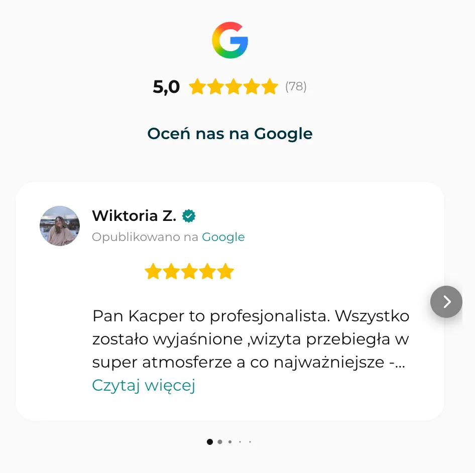 Ocena Google 5,0 na 5 gwiazdek z 78 opiniami i recenzja Wiktorii Z. o profesjonalizmie Pana Kacpra.