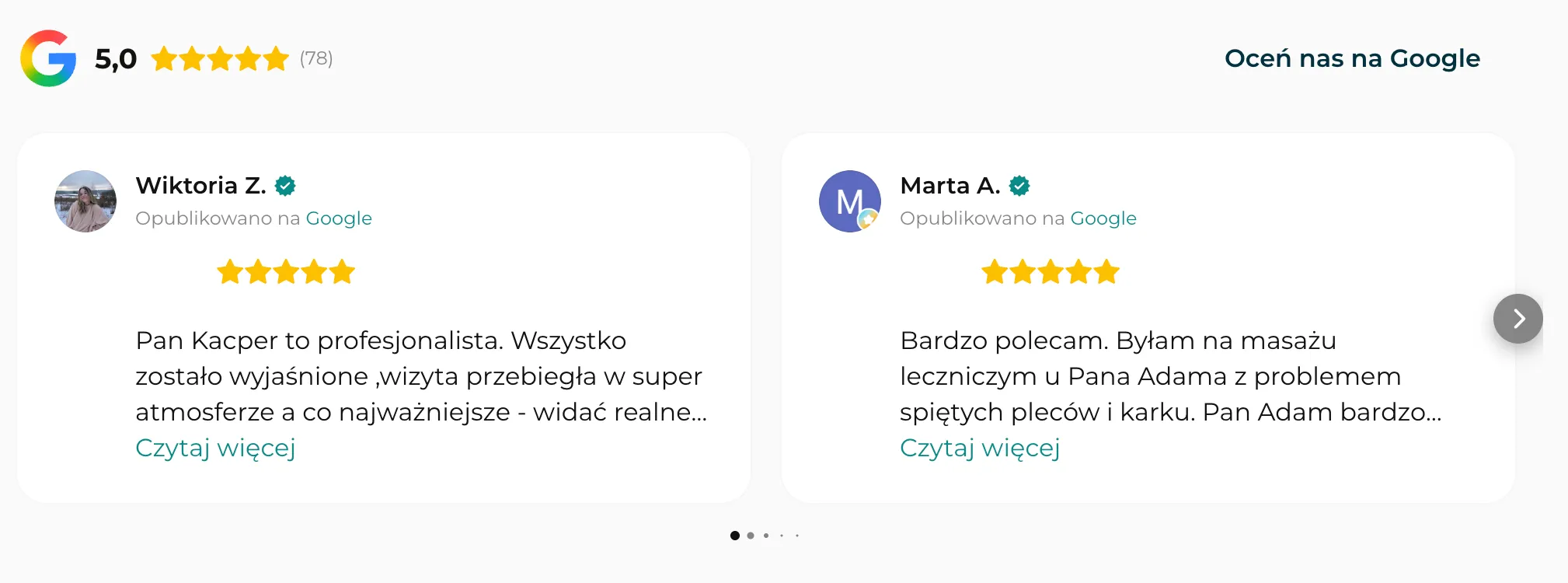 Ocena 5,0 z 78 recenzji Google oraz dwie pozytywne opinie klientów o masażach terapeutycznych.