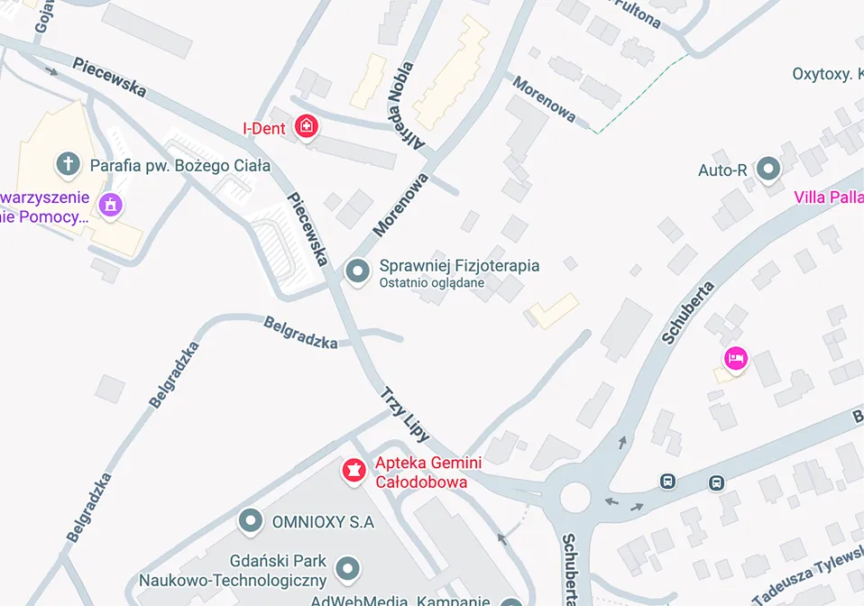 Mapa lokalnej okolicy pokazująca ulice Piecowska, Morenowa, Schuberta, Belgradzka i Trzy Lipy, z oznaczeniami Apteki Gemini Całodobowej, Parafii pw. Bożego Ciała, placówek Sprawniej Fizjoterapia, OMNIOXY S.A., Auto-R oraz Villa Pallas, z ikonami wskazującymi aptekę, kościół, przystanki autobusowe i nocleg.