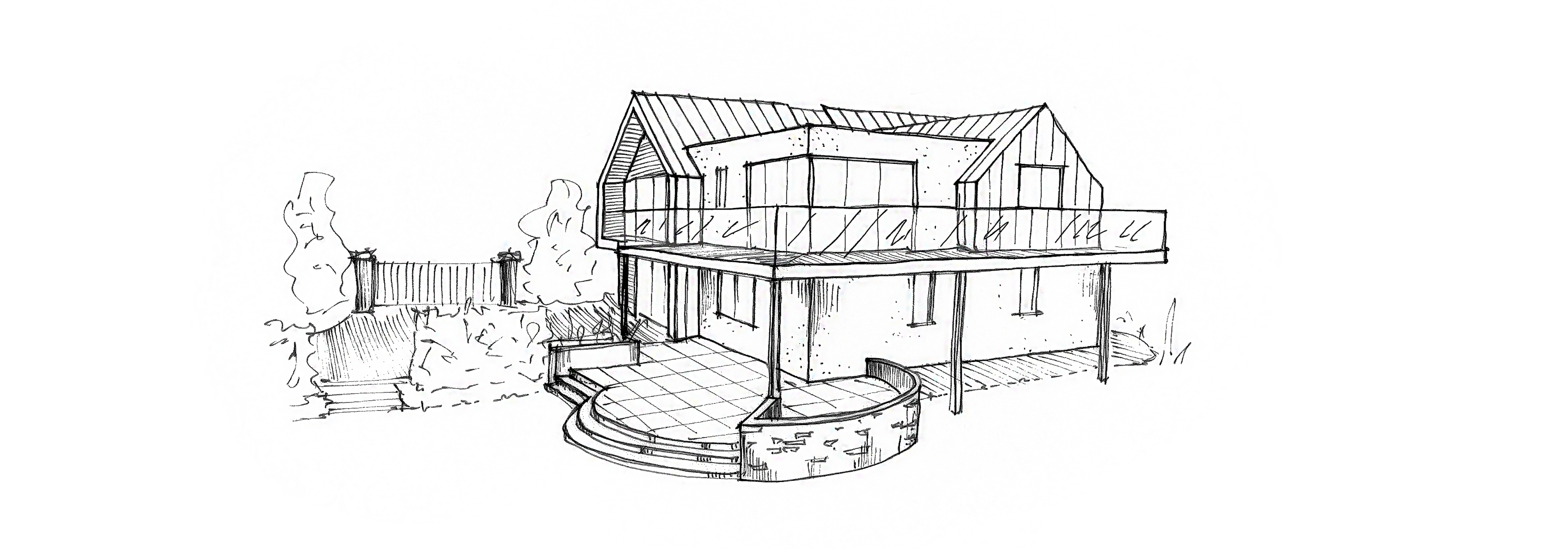 Hand-drawn sketch of modern two-storey house with pitched roof, glass balcony, curved steps, support columns, and landscaped 