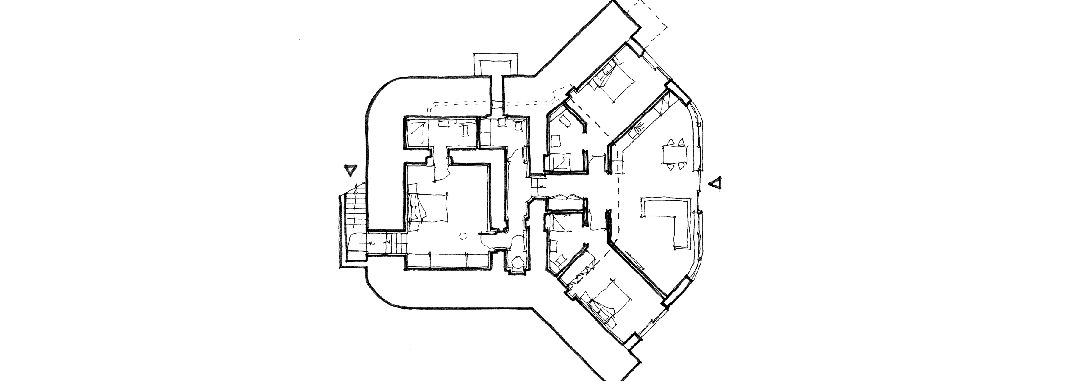 Hand-drawn floor plan of a repurposed WWII bunker home, illustrating room layouts and architectural details.