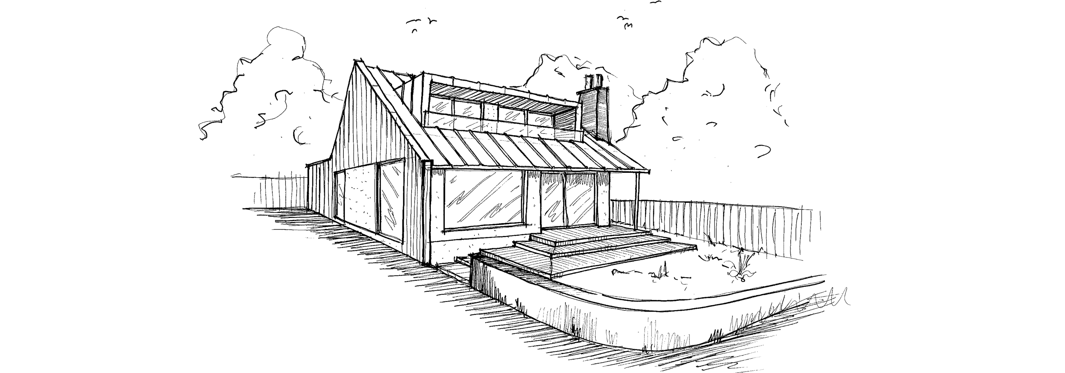 Hand-drawn sketch of a modern single-story house with large glass windows, a slanted roof, and a deck, blending with nature.