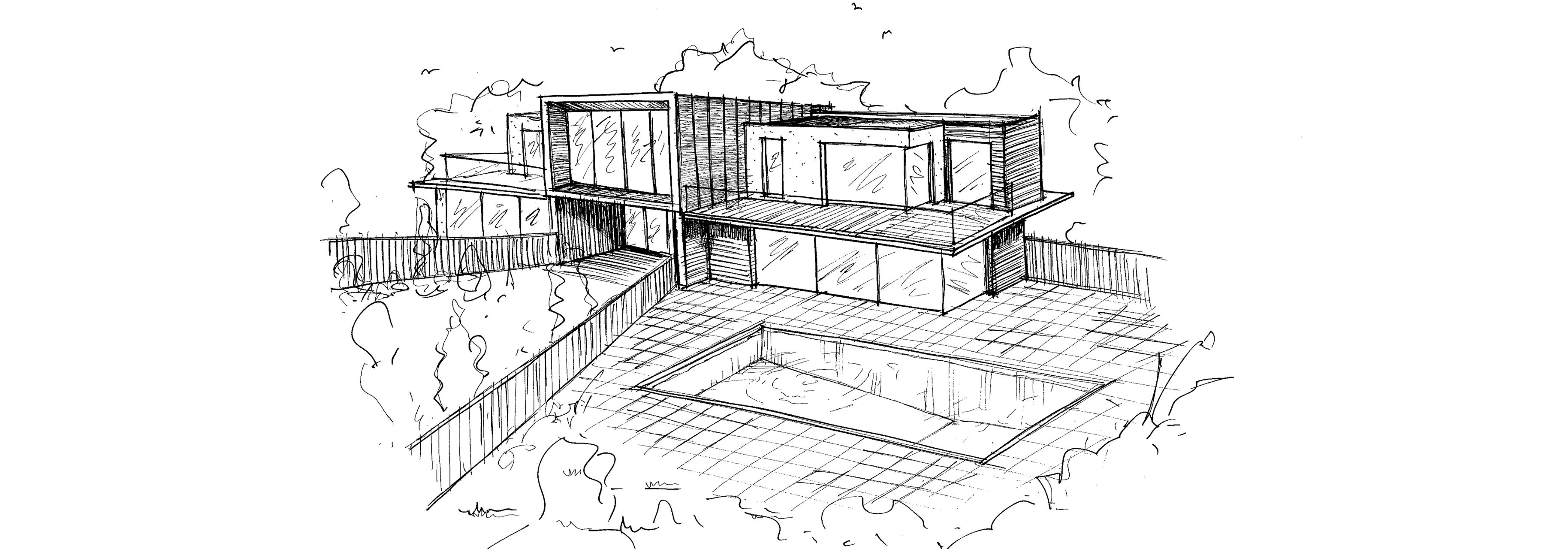 Sketch of contemporary home with flat roof, large glass windows, and pool, blending natural surroundings with minimalism