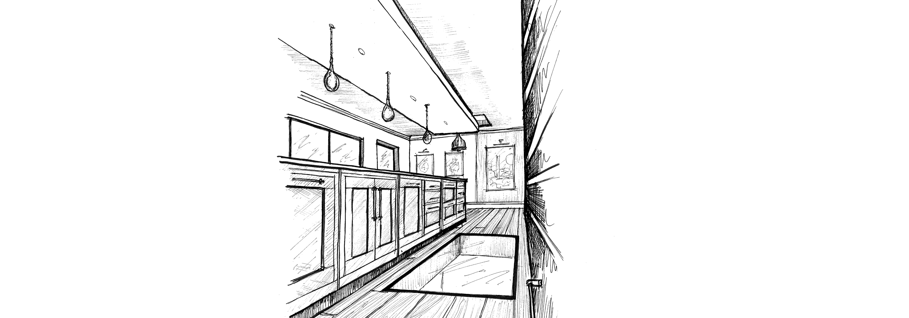 Hand-drawn sketch of contemporary kitchen with sleek cabinetry, pendant lighting, and large island, highlighting its spacious