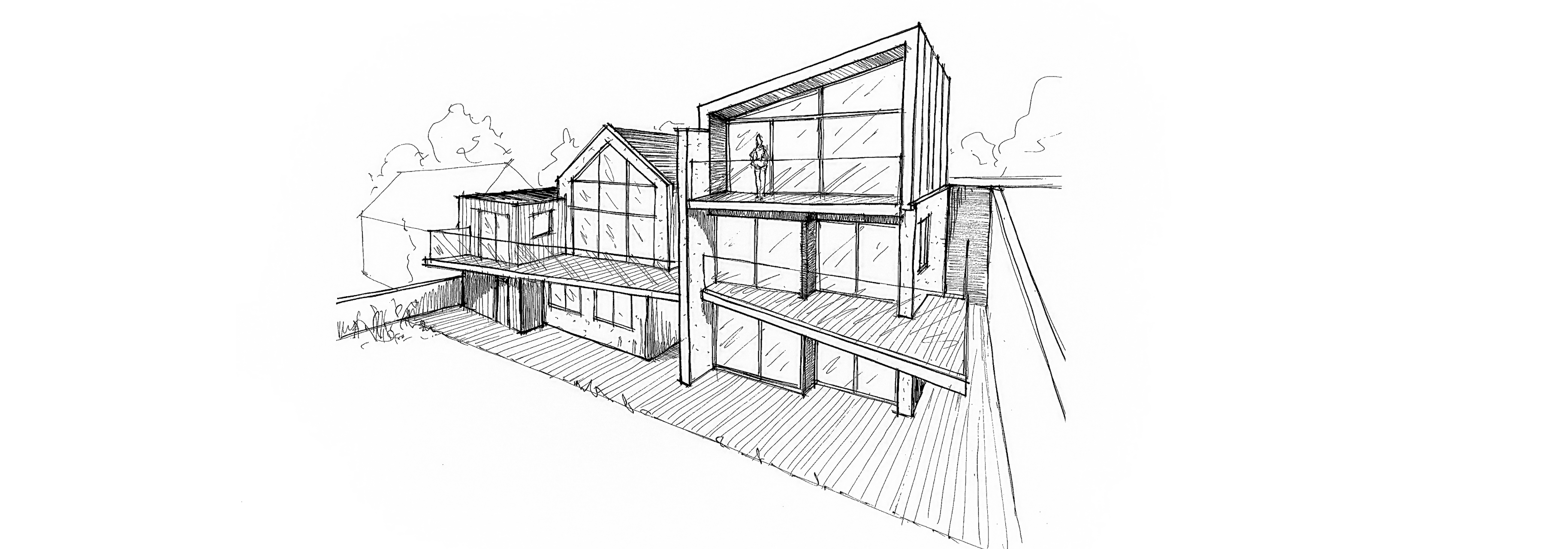  Sketch of a contemporary multi-level home with angled zinc rooflines, floor-to-ceiling glazing, and cantilevered balconies.