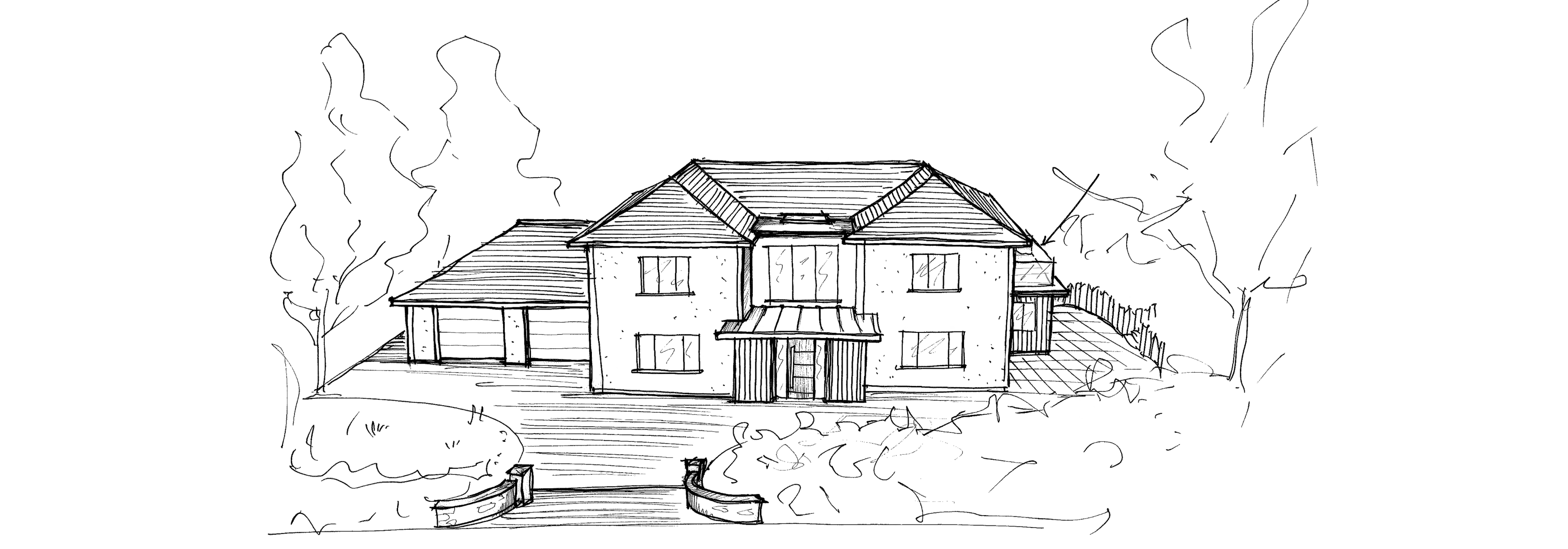 Pencil sketch of two-storey home with symmetrical façade, large windows, and covered entrance, plus landscaping and driveway