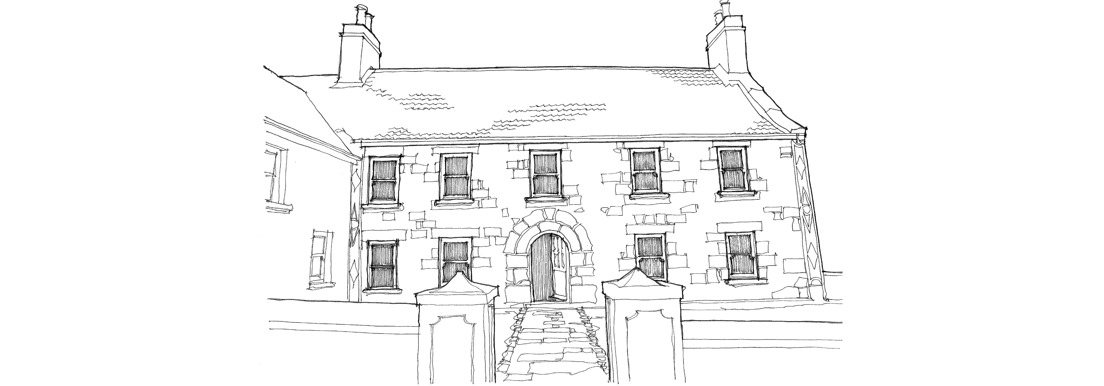 Sketch of a traditional farmhouse with arched doorway, pitched roof, and symmetrical windows, framed by gated entranceway