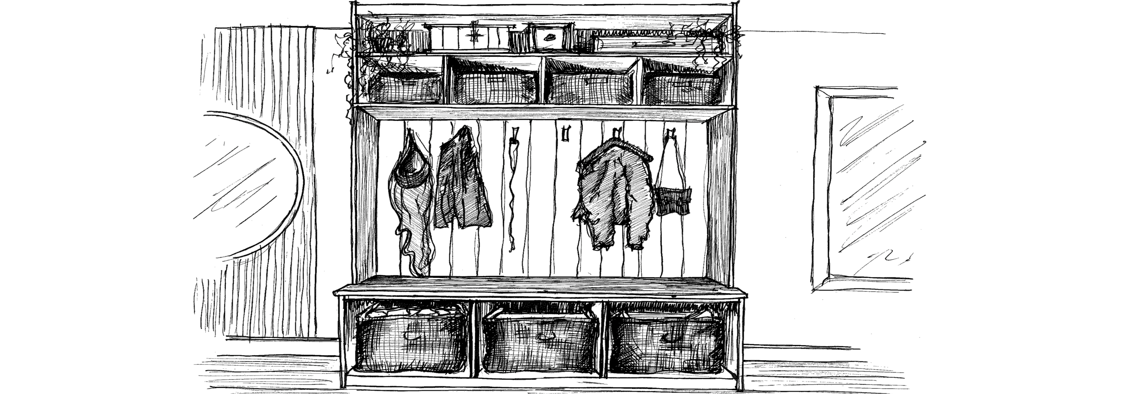 Pencil sketch of custom boot room with built-in storage, coat hooks, and baskets—a functional yet stylish entryway